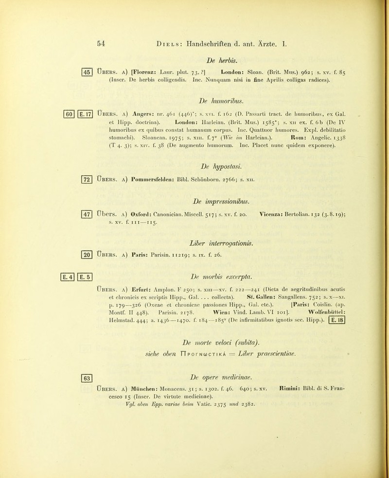 De herbis. |45 I Übeks. a) [Florenz: Laar. plut. 73,!'] London: Sloan. (Brit. Mos.) 962; s. xv. f. 85 (Inscr. De herbis coUigendis. Inc. Nunquam nisi in fine Aprilis colligas radices). De humorihus. E. 17 Ubers, a) Angers: nr. 461 (446)*; s. xvi. f. 162 (D. Passarti tract. de liiimoribus, ex Gal. et Hipp, doctrina). London: Harleian. (Brit. Mus.) 1585*; s. xii ex. f. 6b (De IV huinoribus ex qiiibus constat humanum corpus. Inc. Quattuor luiniores. Exj)!. debilitatio stoniachi). Sloanean. 1975; s. xm. i.']^ (Wie im Harleian.). Rom: Angelic. 1338 (T 4. 3); s. XIV. f. 38 (De augmento humorum. Inc. Placet nunc quidem exponere). De hypostasi. 72 Übers, a) Pommersfeldcn: Bibl. Schönborn. 2766; s. xri. De impressionihus. I 47 I Übers, a) Oxford: Canonician.Miscell. 517; s. xv. f. 20. Vicenza: Bertolian. 132 (3. 8.19); s. XV. f. III —115. Liher interrogationis. 20 Übers, a) Paris: Parisin. 11219; s. ix. f. 26. E. 5 I De morhis excerpta. Übers, a) Erfurt: Amj)lon. F 250; s. xui—xv. f. 222—241 (Dicta de aegritudinibus acutis et chronicis ex scriptis Hipp., Gal. . . . collecta). St. Gallen: Sangallens. 752; s. x—xi. p. 179—326 (Oxeae et chronicae passiones Hipp., Gal. etc.). [Paris: Coislin. (ap. Montf. II 448). Parisin. 2178. Wien: Vind. Lanib. VI loi]. Wolfenbüüel: Helmstad. 444; a. 1436 —1470. f. 184 —185^ (De infirmitatibus ignotis sec. Hipp.). E. 18 63 De morte veloci (subita), siehe oben rTporNcocxiKA — Liber praescientiae. De opere medicinae. Übers, a) München: Monacens. 31; a. 1302. f. 46. 640; s. xv. Rimini: Bibl. di S. Fran- cesco 15 (Inscr. De virtute inediciuae). Vgl. oben Epp. variae heim Vatic. 2375 2382.