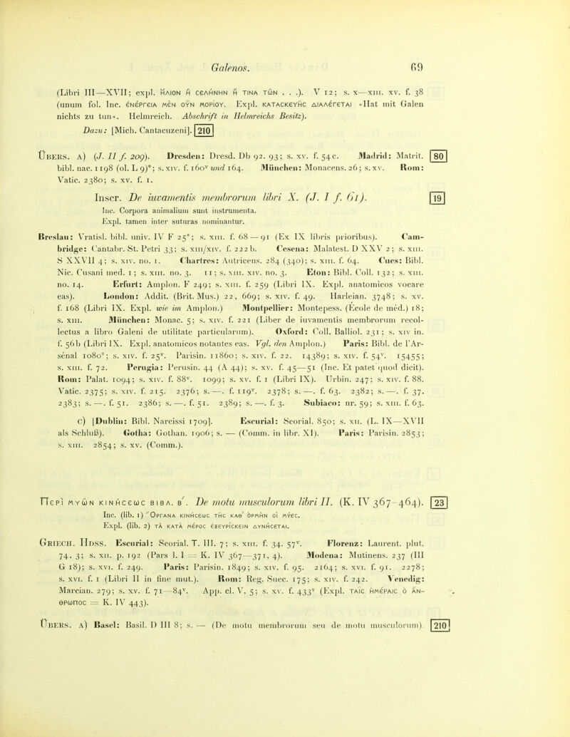 (Libri III—XVII; expl. Maion fi ceAHNHN in tina tön . . .). V 12; s. x—xiii. xv. f. 38 (unuin fol. Inc. eNepreiA mn oyn mopioy. Expl. KATACKeYfic AiAAerexM »Hat mit Galen nichts zu tun«. Helmreich. Abschrift in Helmreichs Besitz). Dazu: [Mich. Cantacuzeni]. 210 Übers, a) (.7. ///. 20g). Dresden: Dresel. Dh 92. 93; s. xv. f. 54c. Madrid: Matrit. 80 bibl.nac.1198 (0I.L9)*; s.xiv. f. 160^ MwrZ 164. München: Monacens.26; s.xv. Rom: Vatic. 2380; s. XV. f. 1. Inscr. De iuvarnentis jnembrorum libri X. (J. I f. 61). \ 191 Inc. Corpora aniinaliuiii smit instrumenta. Expl. tarnen inter suturas noniinantur. Breslau: Vratisl. bihl. univ. IV F 25*; s. xiii. f. 68 — 91 (Ex IX libris prioribus). Cam- bridge: C'antabr. St. Peti'i 33; s. xni/xiv. f. 222 b. Cesena: Mulatest. ü XXV 2 ; s. xui. S XXVII 4; s. XIV. no. I. Chartres: Aiitricens. 284 (340); s. xiii. f. 64. Cucs: Bibl. Nie. Cnsani med. i; s. xni. no. 3. 11; s. xiir. xtv. no. 3. Eton: Bihl. Coli. 132; s. xiii. no. 14. Erfurt: Amplon. F 249; s. xin. f. 259 (Libri IX. Expl. anatoinicos vocare eas). London: Addit. (Brit. Mus.) 22, 669; s. xiv. f. 49. Harleian. 3748; s. xv. f. 168 (Libri IX. Expl. wie im Amplon.) Montpellier: Montepess. (Ecole de med.) 18; s. XIII. München: Monac. 5; s. xiv. f. 221 (Liber de iuvarnentis membrorum recol- lectus a libro Galeni de iitilitate particularnm). Oxford: Coli. Balliol. 231; s. xiv in. f. 56b (Libri IX. Ex])l. anatoinicos notantes eas. F^/. rfew Amplon.) Paris: Bibl. de 1'Ar- senal 1080*; s. XIV. f. 25^. Parisin. 11860; s. xiv. f. 22. 14389; s. xiv. f. 54^. 15455; s. XIII. f. 72. Perugia: Perusin. 44 (A 44); s. xv. f. 45—51 (Inc. Et patet cjuod dicit). Rom: Palat. 1094; s. xiv. f. 88^. 1099; s. xv. f. i (Libri IX). Urbin. 247; s. xiv. f. 88. Vatic. 2375; s. XIV. f. 215. 2376; s.—. f. 119^. 2378; s.—. f. 63. 2382; s.—. f. 37. 2383; s. —. f. 51. 2386; s. —. f. 51. 2389; s. —. f. 3. Subiaco: nr. 59; s. xiii. f. 63. c) IDnbliu: Bibl. Narcissi 1709]. Escurial: Scorial. 850; s. xii. (L. IX—XVII als Schluß). Gotha: Gothan. 1906; s. — (Comm. in libr. XI). Paris: Parisin. 2853; s. XIII. 2854; s. XV. (Comm.). FTepi MYü)N KiNHcecoc BiBA. b'. De motu nmsculorum libri II. (K. IV 367-464). 1231 Inc. (lib. i)OprANA KiNHceuc thc kao' opmhn 01 my6c. Expl. (lib. 2) TÄ KATÄ M6P0C eEGYPICKeiN AYNHCeTAI. Griech. Hdss. Escurial: Scorial. T. III. 7; s. xiii. f. 34. 57^. Florenz: Laurent, plut. 74, 3; s. XII. p. 192 (Pars 1. I = K. IV 367—371, 4). Modcna: Mutinens. 237 (III G 18); s. XVI. f. 249. Paris: Parisin. 1849; s. xiv. f. 95. 2164; s. xvi. f. 91. 2278; s. XVI. f. I (Libri II in fine mut.). Rom: Reg. Suec. 175; s. xiv. f. 242. \^enedig: Marcian. 279; s. xv. f. 71—84'>'. App. cl. V, 5; s. xv. f. 433^ (Expl. taic HwePAic ö an- epcünoc = K. IV 443).