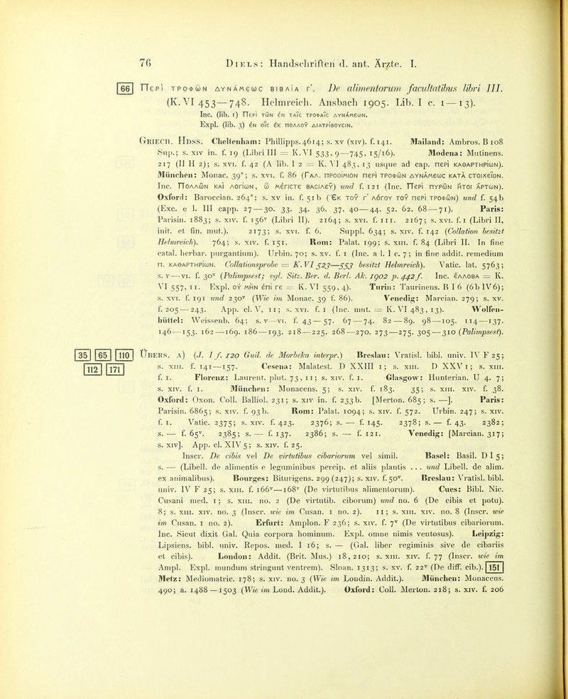 35 65 110 112 171 1661 TTepi TPo*2iN AYNAMeuc BiBAiA v'. Dc alimentorum facultntihus Uhj'i III. (K. VI 453—748. Helmrek'h. Ansbach 1905. Lih. I c. 1 —13). Inc. (lib. i) Oepi tön en taTc tpo*aTc ayn/^mgcon. Expl. (lib. 3) oTc nOAAOY aiatpiboycin. Griech. Hdss. Chelfenham: Pliillipps.4614; s. XV (xiv). f. 141. Mailand: Ambros. B 108 8uj).; s. XIV in. f. 19 (Libri III = K.VI 533,9—745, 15/16). Modena: Miitinens. 217 (II H 2); s. XVI. f. 42 (A lib. 1 2 = K. VI 483, 13 usque ad caji. nepi KAeAPTHPicoN). München: Moiiac. 39*; s. xvi. i'. 86 (Taa. nPooiwioN nepi tpo*cün AYNAMeuc kata CTOixeToN. Inc. TToaaiSn kai aoHun, (3 Mencxe baciasy) urid f. 121 (Inc. TTepi hypun htoi aptun). Oxford: Baroccian. 264*; s. xv in. f. 51 b ('Gk toy r' AÖroY toy nepi tpo*con) und f. 54b (Exe. e 1. III capp. 27 — 30. 33. 34. 36. 37. 40—44. 52. 62. 68 — 71). Paris: Parisin. 1883; s. xiv. f. 156^ (Libri II). 2164; s. xvi. f. iii. 2167; s. xvi. f. i (Libri II, init. et fin. inut.). 2173; s. xvi. f. 6. Suppl. 634; s. xiv. f. 142 {Collation besitzt Helmreich). 764; s. xiv. f. 151. Rom: Palat. 199; s. xiii. f. 84 (Libri II. In fine catal. herbar. ])urgantium). Urbin. 70; s. xv. t. i (Inc. a 1. I c. 7; in fine addit. reinedium n. KAeAPTHPiUN. Collaiionsprobe = K.VI^2J—^yj besitzt Helmreich). Vatic. lat. 5763; s. V—VI. f. 30'' (Palimpsest; t^gl. Sitz. Ber. d. Berl. Ah. igo2 p.442f. Inc. caagba = K. 557? Ex])!. OY «HN eni re = K. VI 559, 4). Turin: Taurinens. B I 6 (6b 1V6); s. XVI. f. 191 und 230'' (Wie im Monac. 39 i'. 86). Venedig: Marcian. 279; s. xv. f. 205 — 243. App. cl. V, Ii; s. XVI. f. I (Inc. mut. = K. VI 483 , 13). Wolfen- biittel: Weissenb. 64; s. v—vi. f. 43 — 57. 67 — 74. 82—89. 98 —105. 114 —137. 146 —153. 162—169. 186 —193. 218 — 225. 268—270. 273—275. 305 — ^10 {Palimpsest). TIbers. a) (./. //. 120 Guil. de Morheka interpr.) Breslau: Vratisl. bibl. univ. IV F25; s. XIII. f. 141 —157. Cesena: Malatest. D XXIII i; s. xiii. D XXV i; s. xiii. f. I. Florenz: Laurent, plnt. 73, 11; s. xiv. f. i. Glasgow: Hunterian. U 4. 7; s. XIV. f. I. München: Monacens. 5; s. xiv. f. 183. 35; s. xiii. xiv. f. 38. Oxford: Oxon. Coli. Balliol. 231; s. xiv in. f. 233b. [Merten. 685; s.—]. Paris: Parisin. 6865; s. xiv. f. 93b. Rom: Palat. 1094; s. xiv. f. 572. Urbin. 247; s. xiv. f. 1. Vatic. 2375; s. XIV. f. 423. 2376; s. — f. 145. 2378; s. — f. 43. 2382; s. — f. 65^. 2385; s. — f. 137. 2386; s. — f. 121. Venedig: [Marcian. 317; s. xiv]. App. cl. XIV 5; s. XIV. f. 25. Inscr. De cibis vel De virtutibus cibariorum vel siinil. Basel: Basil. DI 5; s. — (Libell. de alirnentis e les'iminibiis percip. et aliis ])lantis . . . und Libell. de alim. ex aniinalibus). Bourges: Bitiirigens. 299 (247); s. xiv. f.50^. Breslau: Vratisl. bibl. univ. IVF25; s. xiii. f. 166'*'—168^ (De virtutibus alimentorum). Cues: Bibl. Nie. Cusani med. i; s. xiii. no. 2 (De virtutib. ciborum) und no. 6 (De cibis et potu). 8; s. XIII. XIV. no. 3 (Inscr. wie im Cusan. i no. 2). 11; s. xiii. xiv. no. 8 (Inscr. wie im Cusan. i no. 2). Erfurt: Ainplon. F 236; s. xiv. f. 7^ (De virtutibus cibariorum. Inc. 8icut dixit Gal. Quia corpora hominuni. Expl. omne nimis ventosus). Leipzig: Lipsiens. bibl. univ. Repos. med. I 16; s. — (Gal. über regimiiiis sive de cibariis et cibis). London: Addit. (Brit. Mus.) 18,210; s. xiii. xiv. f. 77 (Inscr. wie im Ampi. Expl. inundum stringunt ventrem). Sloan. 1313; s. xv. f. 22^ (De diff. cib.). 151 Metz: Mediomatric. 178; s. xiv. no. 3 {Wie im Londin. Addit.). München: Monacens. 490; a. 1488 —1503 (Wze m Lond. Addit.). Oxford: Coli. Merten. 218; s. xiv. f. 206