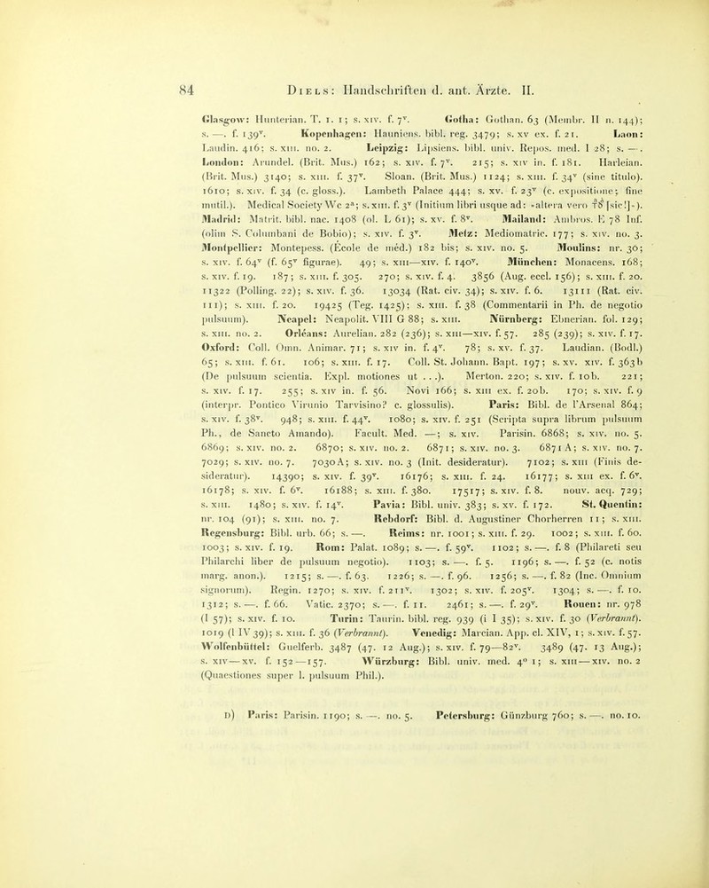 Glasgow: Hunterian. T. i. i; s. xiv. f. 7^. Gotha: Gotlian. 63 (Meiiibi-. II n. 144); .s.—. f. 139^. Kopenhagen: Hauniens. bibl. reg. 3479; s. xv ex. f. 21. Laon: Laiidin. 416; s. xin. 110.2. Leipzig: Lipsiens. bibl. iiniv. Rejjos. med. I 28; s.—. London: Arundel. (Brit. Mus.) 162; s. xiv. f. 7'^. 215; s. xiv in. f. i8r. Harleian. (Brit. Mus.) 3140; s. xiii. f. 37'^. Sloan. (Brit. Mus.) 1124; s. xiii. f. 34^ (sine titulo). 1610; s. XIV. f. 34 (c. gloss.). Lainbeth Palace 444; s. xv. f. 23^^ (c. expositionefin<; inutil.). Medieal Society Wc 2*; s.xiii. f. 3^^ (Initium libri usque ad: aUcia vero f6 [sie!] ■). Madrid: Matrit. bibl. nac. 1408 (ol. L 61); s. xv. f. 8^ Mailand: Anilnus. K 78 Inf. (olim S. Coluinbani de Bobio); s. xiv. f. 3^. Meiz: Mediomatric. 177; s. xiv. no. 3. Monfpcllior: Montepess. (Ecole de med.) 182 bis; s. xiv. no. 5. Moulins: nr. 30; s. XIV. {'.647 (f. 65^ figurae). 49; s. xiii—xiv. f. 140'^. München: Monacens. 168; s. XIV. f. 19. 187; s. XIII. f. 305. 270; s. XIV. f. 4. 3856 (Aug. eccl. 156); s. xiii. f. 20. 11322 (Polling. 22); s. XIV. f. 36. 13034 (Rat. civ. 34); s. xiv. f. 6. 13111 (Rat. civ. Iii); s. XIII. f. 20. 19425 (Teg. 1425); s. xiii. f. 38 (Commentarii in Ph. de negotio pulsuum). Neapel: Neapolit. VIII G 88; s. xiii. Nürnberg: Ebnerian. fol. 129; s. XIII. no. 2. Orleans: Aurelian. 282 (236); s. xiii—xiv. f. 57. 285 (239); s. xiv. f. 17. Oxford: Coli. Omn. Animar. 71; s. xiv in. f. 4^. 78; s. xv. f. 37. Laudian. (Bodl.) 65; S.XIII. f. 6r. 106; s. XIII. f. 17. Coli. St. Johann. Bapt. 197; s. xv. xiv. f. 363 b (De pulsuum scientia. Expl. niotiones ut . . .). Merton. 220; s. xiv. f. lob. 221; s. XIV. f. 17. 255; s. XIV in. f. 56. Novi 166; s. xiii ex. f. 20b. 170; s. xiv. f. 9 (interpr. Pontico Virunio Tarvisinoi' c. glossulis). Paris: Bibl. de l'Arseiial 864; s. XIV. f. 38^. 948; s. XIII. f. 44'^. 1080; s. XIV. f. 251 (Scripta supra librum pulsuum Ph., de Sancto Ainando). Facult. Med. —; s. xiv. Parisin. 6868; s. xiv. no. 5. 6869; s. XIV. no. 2. 6870; s. XIV. 110.2. 6871; s. XIV. no. 3. 6871 A; s. xiv. no. 7. 7029; s. XIV. no. 7. 7030 A; s. xiv. no. 3 (Init. desideratur). 7102; s. xiii (Fiuis de- sideratiir). 14390; s. xiv. f. 39^. 16176; s. xiii. f. 24. 16177; s. xiii ex. f. ö'^. 16178; s. XIV. f. ö'^. 16188; s. XIII. f. 380. 17517; s. XIV. f. 8. nouv. acq. 729; S.XIII. 1480; s. XIV. f. 14^. Pavia: Bibl. univ. 383; s. xv. f. 172. St. Quentin: nr. 104 (91); S.XIII. no. 7. Rebdorf: Bibl. d. Augustiner Chorherren 11; s. xiii. Regensburg: Bibl. urb. 66; s.—. Reims: nr. looi; s. xiii. f. 29. 1002; s. xiii. f. 60. 1003; s. XIV. f. 19. Rom: Palat. 1089; s.—. f. 59^^. 1102; s.—. f. 8 (Philareti seu Philarchi liber de pulsuum negotio). 1103; s.—. f. 5. 1196; s.—. f. 52 (c. notis marg. anon.). 1215; s. —. f. 63. 1226; s. —. f. 96. 1256; s. —. f. 82 (Inc. Omniiim signoriim). Regin. 1270; s. xiv. f. 211''. 1302; s. xiv. f. 205'. 1304; s.—. f. 10. 1312; s.—. f. 66. Vatic. 2370; s.—. f. 11. 2461; s.—. f. 29^. Ronen: nr. 978 (I 57); s. XIV. f. 10. Turin: Tainin. bibl. reg. 939 (i I 35); s. xiv. f. 30 (Verbrannt). 1019 (1 IV39); s. XIII. f. 36 {Verbrannt). Venedig: Marcian. App. cl. XIV, i; s.xiv. f.57. Wolfenbüttel: Guelferb. 3487 (47. 12 Aug.); s. xiv. f. 79—82^. 3489 (47. 13 Aug.); s. XIV — XV. f. 152—157. Würzburg: Bibl. univ. med. 4° i; s. xiii — xiv. no. 2 (Quaestiones super 1. pulsuum Phil.).