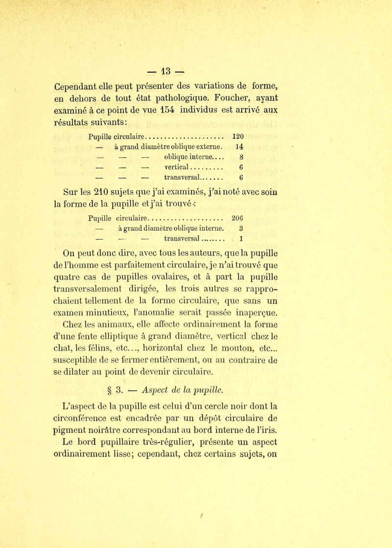 Cependant elle peut présenter des variations de forme, en dehors de tout état pathologique. Foucher, ayant examiné à ce point de vue 154 individus est arrivé aux résultats suivants: Pupille circulaire 120 — à grand diamètre oblique externe. 14 — — — oblique interne.... 8 — — — vertical 6 — — — transversal 6 Sur les 210 sujets que j'ai examinés, j^ai noté avec soin la forme de la pupille et j'ai trouvé-: Pupille circulaire 206 — à grand diamètre oblique interne. 3 — — ■—• transversal 1 On peut donc dire, avec tous les auteurs, que la pupille de l'homme est parfaitement circulaire, je n'ai trouvé que quatre cas de pupilles ovalaires, et à part la pupille transversalement dirigée, les trois autres se rappro- chaient tellement de la forme circulaire, que sans un examen minutieux, l'anomalie serait passée inaperçue. Chez les animaux, elle affecte ordinairement la forme d'une fente elliptique à grand diamètre, vertical chez le chat, les félins, etc., horizontal chez le mouton, etc.. susceptible de se fermer entièrement, ou au contraire de se dilater au point de devenir circulaire. § 3. — Aspect de la pupille. L'aspect de la pupille est celui d'un cercle noir dont la circonférence est encadrée par un dépôt circulaire de pigment noirâtre correspondant au bord interne de l'iris. Le bord pupillaire très-régulier, présente un aspect ordinairement lisse; cependant, chez certains sujets, on