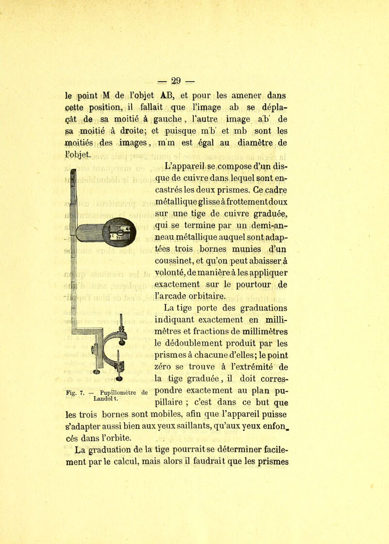 — so- le point M de l'objet AB, et pour les amener dans cette position, il fallait que l'image ab se dépla- çât de sa moitié à gauche, l'autre image ab' de pa moitié à droite; et puisque m'b' et mb sont les moitiés des images, mm est égal au diamètre de Ifobjet. L'appareil se compose d'un dis- que de cuivre dans lequel sont en^ castrés les deux prismes. Ce cadre métallique glisseàfrottementdoux sur une tige de cuivre graduée,, qui se termine par un demi-an- neau métallique auquel sont adap- tées trois bornes munies d'un coussinet, et qu'on peut abaisser à volonté, de manière à les appliquer exactement sur le pourtour ,4^ l'arcade orbitaire. La tige porte des graduations indiquant exactement en milli- mètres et fractions de millimètres le dédoublement produit par les prismes à chacune d'elles; le point zéro se trouve à l'extrémité de la tige graduée, il doit corres- Fig. 7. - Pupiiiomètre de poudre exactement au plan pu- Landoit. piUaire ; c'est dans ce but que les trois bornes sont mobiles, afin que l'appareil puisse s'adapter aussi bien aux yeux saillants, qu'aux yeux enfon, cés dans l'orbite. . . La graduation de la tige pourrait se déterminer facile- ment parle calcul, mais alors il faudrait que les prismes