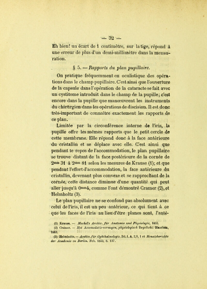 Eh bien! un écart de 1 centimètre, sur la tige, répond à une errèur de j)lus d'un demi-millimètre dans la mensu- ration. § 5. Rapports du plan pupillaire. On pratique fréquemment en oculistique des opéra- tions dans le champ pupillaire. C'est ainsi que l'ouverture de la capsule dans l'opération de la cataracte se fait avec un cystitome introduit dans le champ de la pupille; c'est encore dans la pupille que manœuvrent les instruments du chirftrgien^ dans les opérations de discision. Il est donc très-important de connaître exactement les rapports de cè plan. Limitée par la circonférence interne de l'iris, la pupille offre les mêmes rapports que le petit cercle de cette membrane. Elle répond donc à la face antérieure ûu cristallin et se déplace avec elle. C'est ainsi que pendant le repos de l'accommodation, le plan pupillaire se trouve distant de la face postérieure de la cornée de 2mm 31 à 2nim gi selon les mesures de Krause (1); et que pèndant l'effort d'accommodation, la face antérieure du cristallin, devenant plus convexe et se rapprochant de la cornée, cette distance diminue d'une quantité qui peut aller jusqu'à 0^^^, comme l'ont démontré Cramer (2), et Helmholtz (3). Le plan pupillaire ne se confond pas absolument avec Celui de l'iris, il est un peu antérieur, ce qui tient à ce qde les faces de l'iris au lieu d'être planes sont, l'anté- (1) &rause. — MeckeVs Archiv.fiir Anatomie und Physiologie, 1832. (2) Cramer. — Het Accomodatie-vermogen, physiologisch Tœgelicht, 'B.tsxlWk, ■■1863, if (3) Heltiiholtz. — ^rchvo.f iir Ophthalnwlogie. Bd. 1, A. 2,S, 1 et MonaUherichte àer Académie zu Berlin. Feb. 1853, S. 137.