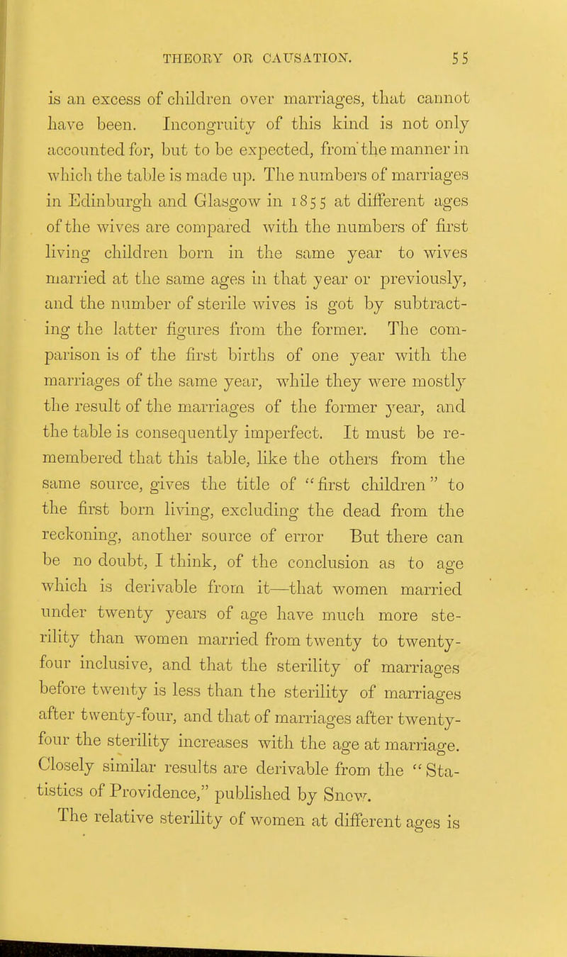 is an excess of children over marriages, that cannot have been. Incongruity of this kind is not only accounted for, but to be expected, from the manner in which the table is made up. The numbers of marriages in Edinburgh and Glasgow in 1855 at different ages of the wives are compared with the numbers of first living children born in the same year to wdves married at the same ages in that year or previously, and the number of sterile wives is got by subtract- ing the latter figures irom the former. The com- parison is of the first births of one year with the marriages of the same year, while they were mostly the result of the marriages of the former 3'ear, and the table is consequently imperfect. It must be re- membered that this table, like the others from the same source, gives the title of  first children  to the first born living, excluding the dead from the reckoning, another source of error But there can be no doubt, I think, of the conclusion as to age which is derivable from it—that women married under twenty years of age have much more ste- rility than women married from twenty to twenty- four inclusive, and that the sterility of marriages before twenty is less than the sterility of marriages after twenty-four, and that of marriages after twenty- four the sterility increases with the age at marriage. Closely similar results are derivable from the  Sta- tistics of Providence, published by Snovr. The relative sterility of women at different ages is