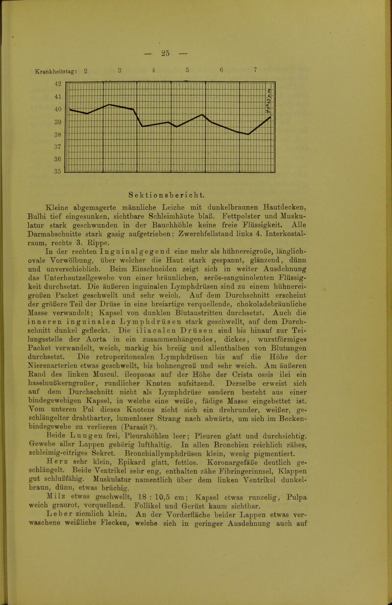 Sektionsbericht. Kleine abgemagerte männliche Leiche mit dunkelbraunen Hautdecken, Bulbi tief eingesunken, sichtbare Schleimhäute blaß. Fettpolster und Musku- latur stark geschwunden in der Bauchhöhle keine freie Flüssigkeit. Alle Darmabschnitte stark gasig aufgetrieben; Zwerchfellstand links 4. Interkostal- raum, rechts 3. Rippe. In der rechten Inguinalgegend eine mehr als hühnereigroße, länglich- ovale Vorwölbung, über welcher die Haut stark gespannt, glänzend, dünn und unverschieblich. Beim Einschneiden zeigt sich in weiter Ausdehnung das TJnterhautzellgewebe von einer bräunlichen, serös-sanguinolenten Flüssig- keit durchsetzt. Die äußeren inguinalen Lymphdrüsen sind zu einem hühnerei- großen Packet geschwellt und sehr weich. Auf dem Durchschnitt erscheint der größere Teil der Drüse in eine breiartige verquellende, chokoladebräunliche Masse verwandelt; Kapsel von dunklen Blutaustritten durchsetzt. Auch die inneren inguinalen Lymphdrüsen stark geschwellt, auf dem Durch- schnitt dunkel gefleckt. Die iliacalen Drüsen sind bis hinauf zur Tei- lungsstelle der Aorta in ein zusammenhängendes, dickes, wurstförmiges Packet verwandelt, weich, markig bis breiig und allenthalben von Blutungen durchsetzt. Die retroperitonealen Lymphdrüsen bis auf die Höhe der Nierenarterien etwas geschwellt, bis bohnengroß und sehr weich. Am äußeren Rand des linken Muscul. ileopsoas auf der Höhe der Crista ossis ilei ein haselnußkerngroßer, rundlicher Knoten aufsitzend. Derselbe erweist sich auf dem Durchschnitt nicht als Lymphdrüse sondern besteht aus einer bindegewebigen Kapsel, in welche eine weiße, fädige Masse eingebettet ist. Yom unteren Pol dieses Knotens zieht sich ein drehrunder, weißer, ge- schlängelter drahtharter, lumenloser Strang nach abwärts, um sich im Becken- bindegewebe zu verlieren (Parasit?). Beide Lungen frei, Pleurahöhlen leer; Pleuren glatt und durchsichtig. Gewebe aller Lappen gehörig lufthaltig. In allen Bronchien reichlich zähes, schleimig-eitriges Sekret. Bronchiallymphdrüsen klein, wenig pigmentiert. Herz sehr klein, Epikard glatt, fettlos. Koronargefäße deutlich ge- schlängelt. Beide Ventrikel sehr eng, enthalten zähe Fibringerinnsel, Klappen gut schlußfähig. Muskulatur namentlich über dem linken Ventrikel dunkel- braun, dünn, etwas brüchig. Milz etwas geschwellt, 18 : 10,5 cm; Kapsel etwas runzelig, Pulpa weich graurot, vorquellend. Follikel und Gerüst kaum sichtbar. Leber ziemlich klein. An der Vorderfläche beider Lappen etwas ver- waschene weißliche Flecken, welche sich in geringer Ausdehnung auch auf