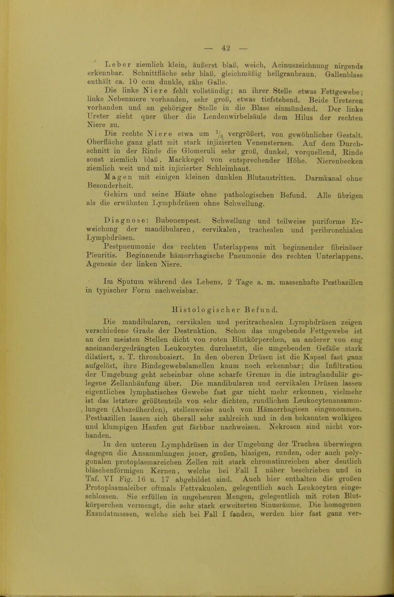 Leber ziornlich klein, äußerst blaß, weich, Acinuszeichnung nirgends erkennbar. Schnittfläche sehr blaß, gleichmäßig hellgraubraun. Gallenblase enthält ca. 10 com dunkle, zähe Galle. Die linke Niere fehlt vollständig; an ihrer Stelle etwas Fettgewebe; linke Nebenniere vorhanden, sehr groß, etwas tiefstehend. Beide Ureteren vorhanden und an gehöriger Stelle in die Blase einmündend. Der linke Ureter zieht quer über die Lendemvirbelsäule dem Hilus der rechten Niere zu. Die rechte Niere etwa um vergrößeit, von gewöhnlicher Gestalt. Oberfläche ganz glatt mit stark injizierten Venensternen. Auf dem Durch- schnitt in der Rinde die Glomeruli sehr groß, dunkel, vorquellend, Rinde sonst ziemlich blaß, Markkegel von entsprechender Höhe. Nierenbecken ziemlich weit und mit injizierter Schleimhaut. Magen mit einigen kleinen dunklen Blutaustritten. Darmkanal ohne Besonderheit. Gehirn und seine Häute ohne pathologischen Befund. Alle übrigen als die erwähnten Lymphdrüsen ohne Schwellung. Dia gnose: Bubouenpest. Schwellung und teilweise puriforme Er- weichung der mandibularen, cervikalen, ti-achealen und peribronchialen Lymphdrüsen. Pestpneumonie des rechten Unterlappens mit beginnender fibrinöser Pleuritis. Beginnende hämorrhagische Pneumonie des rechten Unterlappens. Agenesie der linken Niere. Im Sputum während des Lebens, 2 Tage a. m. massenhafte Pestbazillen in typischer Form nachweisbar. Histologischer Befund. Die mandibularen, cervikalen und peritrachealen Lymphdrüsen zeigen verschiedene Grade der Destruktion. Schon das umgebende Fettgewebe ist an den meisten Stellen dicht von roten Blutkörperchen, an anderer von eng aneinandergedrängten Leukocyten durchsetzt, die umgebenden Gefäße stark dilatiert, z. T. throrabosiert. In den oberen Drüsen ist die Kapsel fast ganz aufgelöst, ihre Bindegewebslamellen kaum noch erkennbar; die Infiltration der Umgebung geht scheinbar ohne scharfe Grenze in die intraglandulär ge- legene Zellanhäufung über. Die mandibularen und cervikalen Drüsen lassen eigentliches lymphatisches Gewebe fast gar nicht mehr erkennen, %aelmehr ist das letztere größtenteils von sehr dichten, rundlichen Leukocytenansaram- lungen (Abszeßherden), stellenweise auch von Hämorrhagieen eingenommen. Pestbazillen lassen sich überall sehr zahlreich und in den bekannten wolkigen und klumpigen Haufen gut färbbar nachweisen. Nekrosen sind nicht vor- handen. In den unteren Lymphdrüsen in der Umgebung der Trachea überwiegen dagegen die Ansammlungen jener, großen, blasigen, runden, oder auch poly- gonalen protoplasmareichen Zellen mit stark chromatinreicheu aber deutlich bläschenförmigen Kernen, welche bei Fall I näher beschrieben und in Taf. VI Fig. 16 u. 17 abgebildet sind. Auch hier enthalten die großen Protoplasmaleiber oftmals Fettvakuolen, gelegentlich auch Leukocyten einge- schlossen. Sie erfüllen in ungeheuren Mengen, gelegentlich mit roten Blut- körperchen vermengt, die sehr stark erweiterten Sinusräume. Die homogenen Exsudatmassen, welche sich bei Fall I fanden, werden hier fast ganz ver-