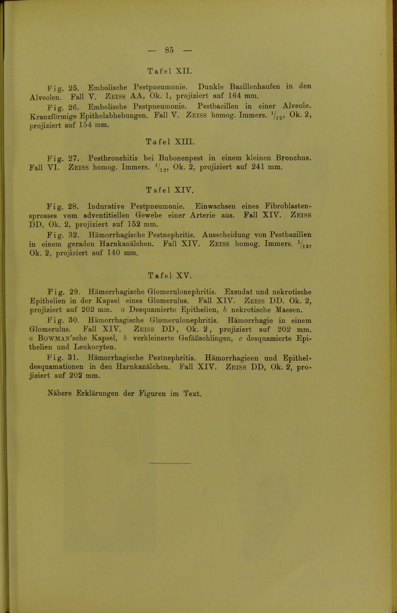 Tafel XII. Fig. 25. Embolische Pestpueumonie. Dunkle Bazillenhaufen in den Alveolen. Fall V. Zeiss AA, Ok. 1, projiziert auf 164 mm. Fig. 26. Embolische Pestpueumonie. Pestbazillen in einer Alveole. Kranzförmige Epithelabhebungen. Fall V. Zeiss homog. Immers. 7i2> ^> projiziert auf 154 mm. Tafel Xin. Fig. 27. Pestbronchitis bei Bubonenpest in einem kleinen Bronchus. Fall VI. Zeiss homog. Immers. ^12» projiziert auf 241 mm. Tafel XIV. Fig. 28. Indurative Peatpneumonie. Einwachsen eines Fibroblasten- sprosses vom adventitiellen Gewebe einer Arterie aus. Fall XIV. Zeiss DD, Ok, 2, projiziert auf 152 mm. Fig. 32. Hämorrhagische Pestnephritis. Ausscheidung von Pestbazillen in einem geraden Harnkanälchen. Fall XIV. Zeiss homog. Immers. ^/jj, Ok. 2, projiziert auf 140 mm. Tafel XV. Fig. 29. Hämorrhagische Glomerulonephritis. Exsudat und nekrotische Epithelien in der Kapsel eines Glomerulus. Fall XIV. Zeiss DD. Ok. 2, projiziert auf 202 mm. a Desquamierte Epithelien, b neki-otische Massen. Fig. 30. Hämorrhagische Glomerulonephritis. Hämorrhagie in einem Glomerulus. Fall XIV. Zeiss DD, Ok. 2, projiziert auf 202 mm. a BoWMAN'sche Kapsel, verkleinerte Gefäßschlingen, c desquamierte Epi- thelien und Leukocyten. Fig. 31. Hämorrhagische Pestnephritis. Hämorrhagieen und Epithel- desquamationen in den Harnkanälchen. Fall XIV. Zeiss DD, Ok. 2, pro- jiziert auf 202 mm. Nähere Erklärungen der Figuren im Text.