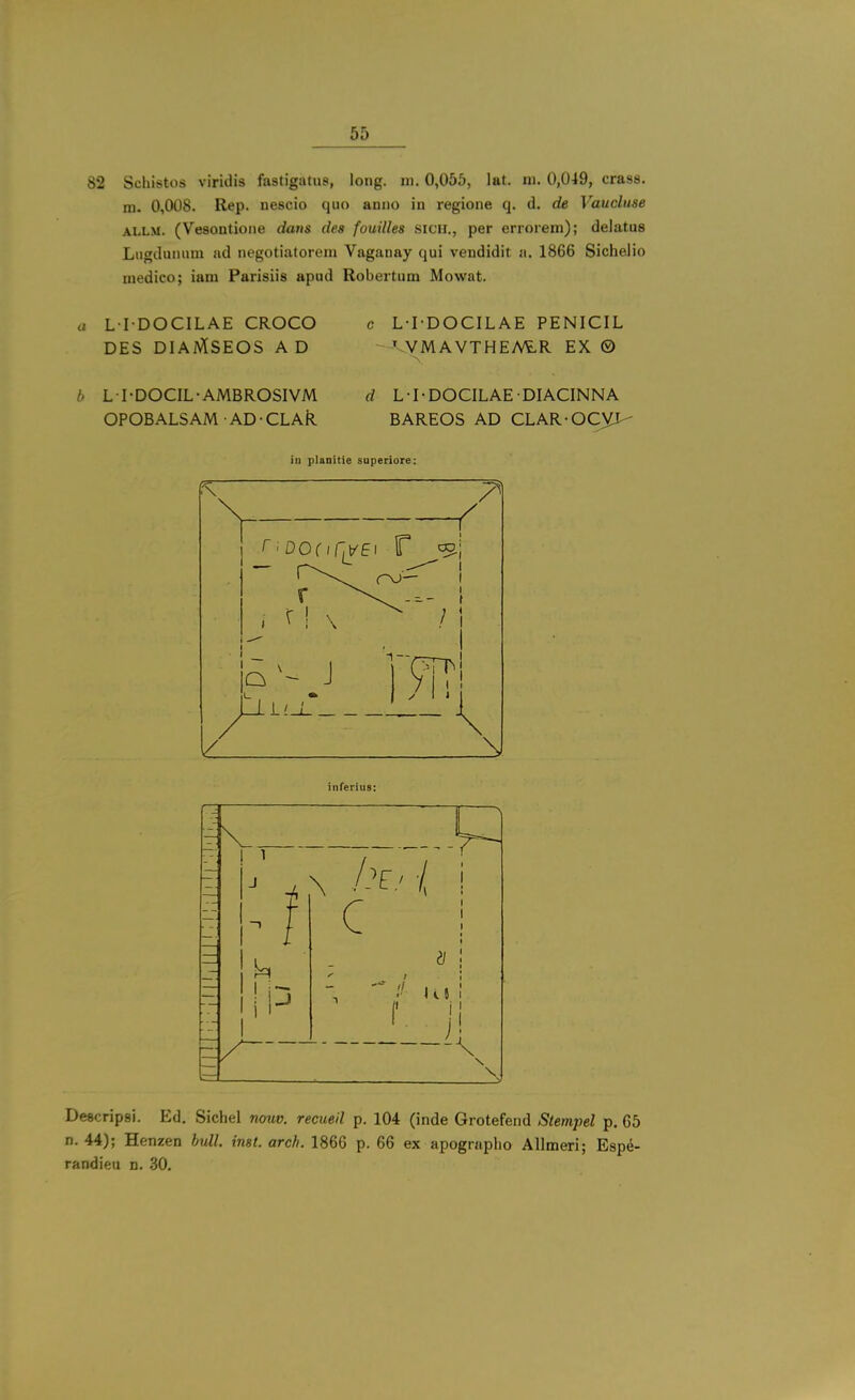 82 Schistos viridis fastigatus, long. m. 0,055, lat, m. 0,049, crass, m. 0,008. Rep. nescio quo anno in regione q. d. de V^aucluse ALLM. (Vesontioiie dans des fouilles sicH., per errorem); delatus Liigdunum ad negotiatorem Vaganay qui vendidit a. 1866 Sichelio medico; iam Parisiis apud Robertum Mowat. a L I DOCILAE CROCO DES DIAMSEOS a D c L-I-DOCILAE PENICIL -^.VMAVTHEAALR EX ® b LI-DOCIL-AMBROSIVM OPOBALSAM • AD • CLAk d LI-DOCILAEDIACINNA BAREOS AD CLAR-OCyi- in planitie superiore: inferius: c 1 !■ Descripsi. Ed. Sichel now. recueil p. 104 (inde Grotefeiid Stempel p. 65 n, 44); Henzen bull. inst. arch. 1866 p. 66 ex apograplio AUmeri; Esp^- randieu n. 30.