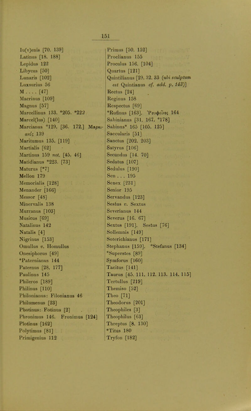 Iu(v)enis [70. 139] Latinus [18. 188] Lepidus 122 Libycus [50] Lunaris [102] Luxsurius 56 M [47] Macrinus [109] Magnus [57] Marcellinus 133. *205. *222 Marcel(lus) [140] Marcianus *129. [36. 172.] Mxpxi- etvo'g 139 Maritumus 135. [119] Martialis [62] Martinus 159 not. [45. 46] iMatidianus *223. [73] Maturus [*7] Mellon 179 Memorialis [128] Menander [166] Messor [48] Minervalis 138 Murranus [103] Musicus [69] Natalinus 142 Natalis [4] Nigrinas [153] Omullus V. Homullus Onesiphorus [49] *Paternianus 144 Paternus [28. 177] Paulinus 145 Phileros [189] Philinus [110] Philonianus: Filonianus 46 Philumenus [23] Pbotinus: Fotinus [2] Phronimus 146. Fronimus [124] Plotinua [162] Polytimus [81] Primigenius 112 Primus [50. 152] Proclianus 155 Proculus 156. [104] Quartus [121] Quiiitilianus [29. 32. 33 (ubi sculptum est Quintianus cf. add. p. i43)] Rectus [24] Reginus 158 Respectus [69] *Ruanus [163]. 'Povi^emg 164 Sabinianus [31. 167. *178] Sabinus* 165 [105. 125] Saecularis [51] Sanctus [202. 203] Satyrus [106] Secundus [14. 70] Sedatus [107] Sedulus [190] Sen . . . 195 Senex [231] Senior 195 Servandus [123] Sestus V. Sextus Severianus 144 Severus [16. 67] Sextus [191]. Sestus [76] SoUemnis [149] Soterichianus [171] Stephanus [159]. *Stefanus [134] *Superstes [89] Symforus [160] Tacitus [141] Taurus [45. 111. 112. 113. 114. 115] Tertullus [219] Themiso [52] Theo [71] Theodorus [201] Theopbiles [3] Theophilus [63] Threptus [8. 130] *Titus 180 Tryfon [182]