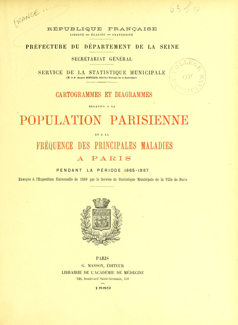 LIIÎERTÉ — ÉGALITÉ — FUATEKNITÉ PREFECTURE DU DEPARTEMENT DE LA SEINE SEGRETAIUAT GENERAL SERVICE DE LA STATISTIQUE MUNICIPALE / \\ (M. le Jacques BEHTILLON, Chef des Travaux de la statistique) | ^ Ç)\* )^^\ CARTOGRAMMES ET DIAGRAMMES RELATIFS A LA POPULATION PARISIENNE ET A LA FRÉQUENCE DES PRINCIPALES MALADIES A r> A R I s PENDANT LA PÉRIODE 1865-1887 Envoyés à l'Exposition Universelle de 1889 par le Service de Statistique Municipale de la Ville de Paris PARIS G. MASSON, ÉDITEUR LIBRAIRIE DE L'ACADÉMIE DE MÉDECINE 120, boulevard Saint-Germain, 120 1 8«9