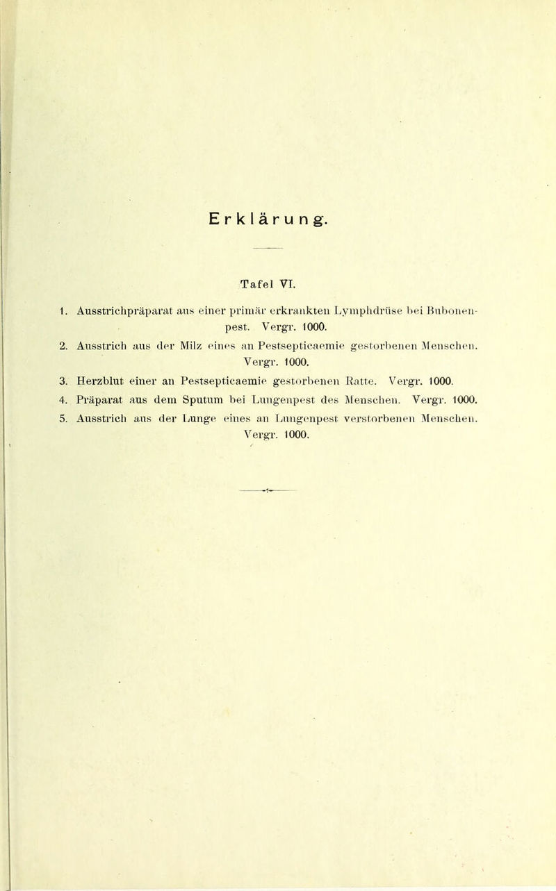 Tafel VI. 1. Ausstrichpräparat aus einer primär erliraukteu Lyuiplidrüse bei i^uboneu- pest. Vergr. 1000. 2. Ausstricli aus der Milz eines an Pestsepticaemie gestorbenen Mensclien. Vergr. 1000. 3. Herzblut einer an Pestsepticaemie gestorbenen Ratte. Vergr. 1000. 4. Präparat aus dem Sputum bei Lungenpest des Menschen. Vergr. 1000. 5. Ausstrich aus der Lunge eines an Lungenpest verstorbenen Menschen. Vergr. 1000.