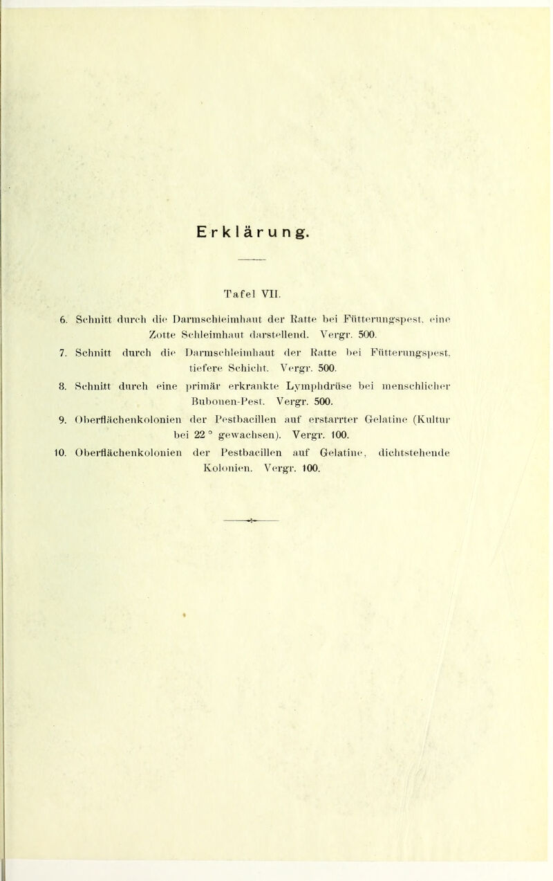 Tafel VII. 6. Schnitt durch die Darmschleimhaiit der Ratte bei Füttfn'unf>-spest, eine Zotte Sclileimhaut darstellend. Vergr. 500. 7. Schnitt durch die Darmschleindiaut der Ratte bei FütternngS])est, tiefere Schiclit. Vergr. 500. 8. Schnitt durch eine ))riniär erkranl<;te Lymphdrüse bei menschliclier Bubonen-Pest. Vergr. 500. 9. Obertiächenkolonien der Pestbacillen auf erstarrter Gelatine (Kultur bei 22° gewachsen). Vergr. 100. 10. Oberflächenkolonien der Pestbacillen auf Gelatine, dichtstehende Kolonien. Vergr. 100.