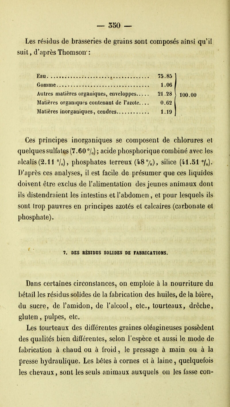 Les résidus de brasseries de grains sont composés ainsi qu'il suit, d'après Tiiomson' : Eau 75.85 Gomme 1.06 Autres matières organiques, enveloppes 21.28 J 100.00 Matières organiques contenant de l'azote.... 0.62 Matières inorganiques, cendres 1.19 Ces principes inorganiques se composent de chlorures et quelques sulfates (7.60 7o) ; acide phosphorique combiné avec les alcalis(2.11 Vo), phosphates terreux (48 7o), silice (41.51 7o). D'après ces analyses, il est facile de présumer que ces liquides doivent être exclus de l'alimentation des jeunes animaux dont ils distendraient les intestins et l'abdomen, et pour lesquels ils sont trop pauvres en principes azotés et calcaires (carbonate et phosphate). 7. DES RÉSIDUS SOLIDES DE FABRICATIONS. Dans certaines circonstances, on emploie à la nourriture du bétail les résidus solides de la fabrication des huiles, de la bière, du sucre, de l'amidon, de l'alcool, etc., tourteaux, drêche, gluten, pulpes, etc. Les tourteaux des différentes graines oléagineuses possèdent des qualités bien différentes, selon l'espèce et aussi le mode de fabrication à chaud ou à froid, le pressage à main ou à la presse hydraulique. Les bêtes à cornes et à laine, quelquefois les chevaux, sont les seuls animaux auxquels on les fasse con*