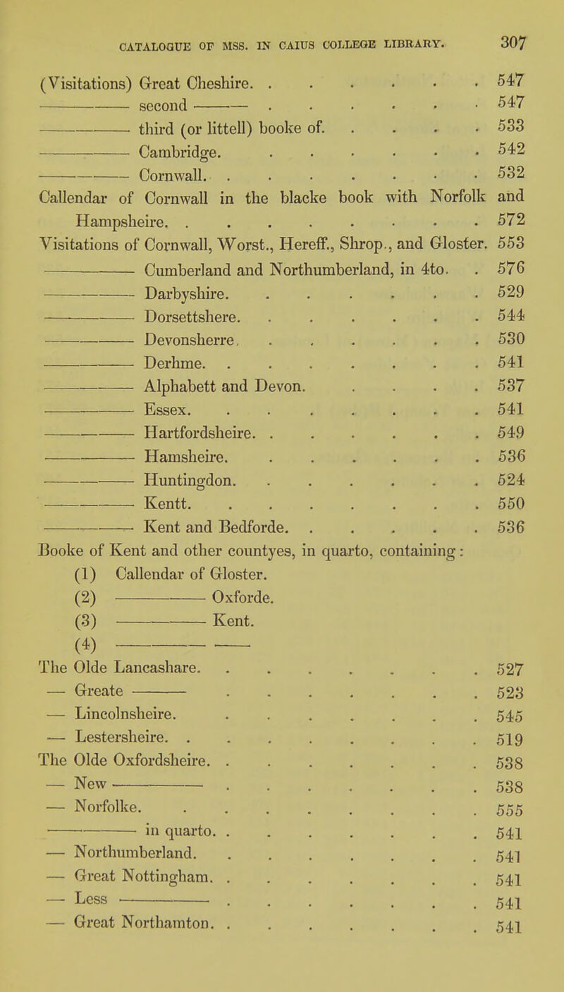 (Visitations) Great Cheshire. second third (or littell) booke of. Cambridge. 547 547 533 542 532 — Cornwall. Callendar of Cornwall in the blacke book with Norfolk and Hampsheire. 572 Visitations of Cornwall, Worst., Hereff., Shrop., and Gloster. 553 Cumberland and Northumberland, in 4to. . 576 Darbyshire. ..... . 529 Dorsettshere. ..... . 544 Devonsherre. ..... . 530 Derhme. ...... . 541 Alphabett and Devon. . 537 Essex. . . .... . 541 Hartfordsheire. ..... . 549 Hamsheire. ..... . 536 Huntingdon. ..... . 524 Kentt. ...... . 550 Kent and Bedforde . 536 Booke of Kent and other countyes, in quarto, contain (1) Callendar of Gloster. (2) Oxforde (3) Kent. (4) The Olde Lancashare. — Greate — Lincolnsheire. — Lestersheire. . The Olde Oxfordshire. — New — Norfolke. in quarto. — Northumberland. — Great Nottingham. — Less ■ — Great Northamton. og 527 523 545 519 538 538 555 541 541 541 541 541