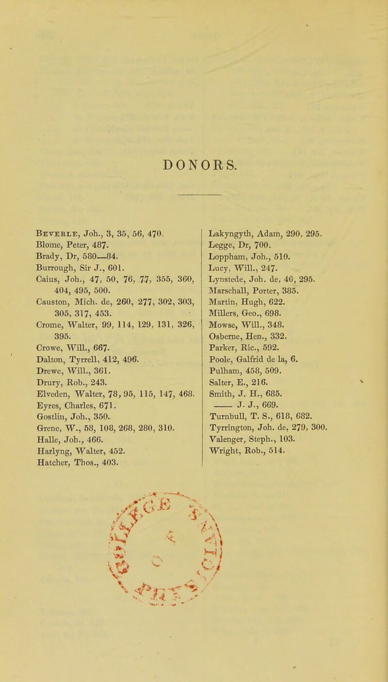 DONORS. Bevehle, Joh., 3, 35, 56, 470. Blome, Peter, 487. Brady, Dr, 580—84. Burrough, Sir J., 601. Caius, Joh., 47, 50, 76, 77, 355, 3G0, 404, 495, 500. Causton, Mich, de, 260, 277, 302, 303, 305, 317, 453. Crome, Walter, 99, 114, 129, 131, 326, 395. Crowe, Will., 667. Dalton, Tyrrell, 412, 496. Drewe, Will., 361. Drury, Rob., 243. Elveden, Walter, 78, 95, 115, 147, 468. Eyres, Charles, 671. Gostlin, Joh., 350. Grene, W., 58, 108, 268, 280, 310. Halle, Job., 466. Harlyng, Walter, 452. Hatcher, Thos., 403. Lakyngyth, Adam, 290, 295. Legge, Dr, 700. Loppham, Joh., 510. Lucy, Will., 247. Lynstede, Joh. de, 40, 295. Marschall, Porter, 385. Martin, Hugh, 622. Millers, Geo., 698. Mowse, Will., 348. Osberne, Hen., 332. Parker, Ric, 592. Poole, Galfrid de la, 6. Pulham, 458, 509. Salter, E., 216. Smith, J. H., 685. J. J., 669. Turnbull, T. S., 618, 682. Tyrrington, Joh. de, 279, 300. Valenger, Steph., 103. Wright, Rob., 514.