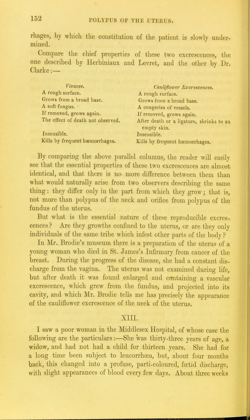rhages, by which the constitution of the patient is slowly under- mined. Compare the cliief properties of these two excrescences, the one described by Herbiniaux and Levret, and the other by Dr. Clarke:— Vivaces. Cauliflower Excrescences. A rough surface. A rough surface. Grows from a broad base. Grows from a broad base. A soft fungus. A congeries of vessels. If removed, grows again. If removed, grows again. The effect of death not observed. After death or a hgature, shrinks to an empty skin. Insensible. Insensible. Kills by frequent hsraorrhages. Kills by frequent haemorrhages. By comparing the above parallel columns, the reader will easily see that the essential properties of these two excrescences are almost identical, and that there is no- more difference between them than what would naturally arise from two observers describing the same thing: they differ only in the part from wliich they grow; that is, not more than polypus of the neck and orifice from polypus of the fundus of the uterus. But what is the essential nature of these reproducible excres- cences ? Are they growths confined to the uterus, or are they only individuals of the same tribe which infest other parts of the body ? In Mr. Brodie's museum there is a preparation of the uterus of a young woman who died in St. James's Injai-mary from cancer of the breast. During the progress of the disease, she had a constant dis- charge from the vagina. The uterus was not examined dming life, but after death it was fomid enlarged and containing a vascular- excrescence, which grew from the fundus, and projected into its cavity, and wliich Mr. Brodie tells me has precisely the appearance of the cauliflower excrescence of the neck of the uterus. xin. I saw a poor woman in the Middlesex Hospital, of whose case the following are the particulars:—She was thirty-tliree years of age, a widow, and had not had a cMld for thirteen years. She had for a long time been subject to leucorrhcea, but, about foui- months back, this changed into a profuse, parti-coloured, foetid discharge, with slight appearances of blood every few days. About tliree weeks
