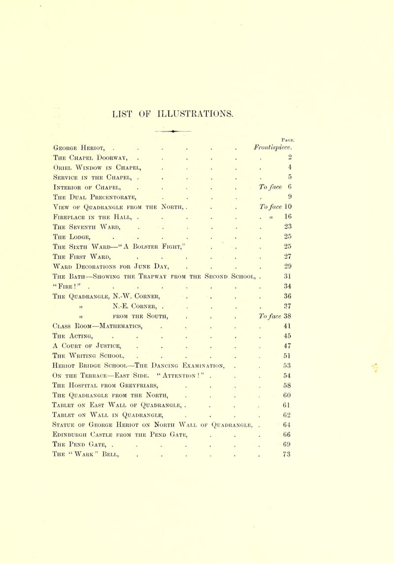 LIST OF ILLUSTRATIONS. Page. George Heriot, ...... Frontispiece. The Chapel Doorway, ...... 2 Oriel Window in Chapel, . . . . 4 Service in the Chapel, ...... 5 Interior op Chapel, .... To face G The Dual Precentoratb, ..... 9 View op Quadrangle prom the North, . . . To face 10 Fireplace in the Hall, . . . . . . n 16 The Seventh Ward, ...... 23 The Lodge, . . . . . . 25 The Sixth Ward—A Bolster Fight, . . . 25 The First Ward, ...... 27 Ward Decorations for June Day, .... 29 The Bath—Showing the Trapway from the Second School, . 31 Fire! ........ 34 The Quadrangle, N.-W. Corner, . . . . 36 n N.-E. Corner, . . . . . 37 M from the South, . . . To face 38 Class Eoom—Mathematics, . . . . . 41 The Acting, ....... 45 A Court of Justice, ...... 47 The Writing School, . . . . . . 51 Heriot Bridge School—The Dancing Examination, . . 53 On the Terrace—East Side.  Attention !  . . . 54 The Hospital from Greyfriars, .... 58 The Quadrangle from the North, .... GO Tablet on East Wall op Quadrangle, . . . . 61 Tablet on Wall in Quadrangle, .... 62 Statue of George Heriot on North Wall of Quadrangle, . 64 Edinburgh Castle from the Pend Gate, . . . 66 The Pend Gate, ....... 69 The  Wark Bell, ...... 73