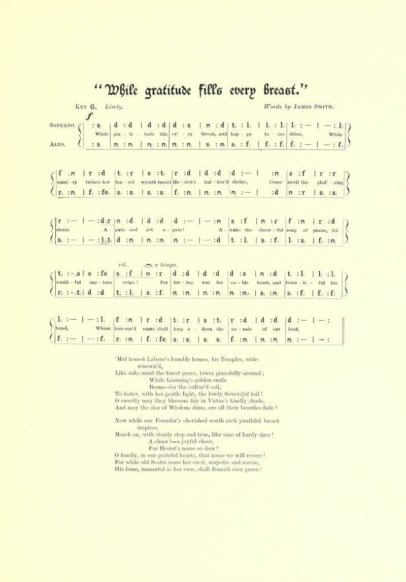 44 Key G. ft Lively. Words by James Smith. Soprano. Alto. : Si a : d 1 d : d d : s I n : d t. li 1 li : li 1, : - - : li While gra - ti - fcude fills ev' - ry breast, and hap - py fa • ces shine, While : Si PI] Hi 1 n, : Hi mi : Pli 1 St : mi s, : fl fl : fi f, : - - : f, f .n mem' - ry I r :d twines her r, :ni I fi : fe. t : r |s :t| |r :d I d :d law - rel wreath rountllHe - riot's hal - low'd s, is, | si :si |f| :m I n, :n. d :- shrine, Pi, : — :n Come s :f | r :r swell the glad' - nini n : r si :si r : strain :d.r A :l|.t, n:d |d :d Id : — | — :pi ^ain and yet a - gain! A d : Hi I nil :ri| rii :— | — :d s :f |n :r If :n | r :d wake the cheer - ful song of praise, let t, :1, Is, :f, 1, :s, | f, Tit. a tempo. t, :.-.s| s fe s :f I n :r d :d 1 d :d d : s I n :d t, :L 1 1, :li youth - ful rap - ture reign ! For lov - ing was his no ble heart, and boun - ti ■ ful his r, :-.t,| d d t; :1, Is, :f, rii 1 rii ni :ri|. 1 Si :rii Si :f| 1 fl :fi li :- 1 f :n I r :d t, : r 1 s t, r :d d :d d :- 1 - : hand, Whose hon-our'd name shall long a - dorn the an - nals of our land. fi : — 1 - :f, ri :n. 1 fi :fe, Si : Si 1 s, Si f, :ni Hi :rii rii : — 1 - : 'Mid honest Labour's humble homes, his Temples, wide- renown'd, Like oaks amid the forest grove, tower gracefully around ; While Learning's golden smile Beams o'er the eultur'd soil, To foster, with her gentle light, the lowly^ flowersljof toil! 0 sweetly may they blossom fair in Virtue's kindly shade, And may the star of Wisdom shine, ere all their beauties fade ! Now while our Founder's cherished worth each youthful breast inspires, March on, with steady step and true, like sons of hardy sires ! A cheer !—a joyful cheer, For Heriot's name so dear ! O fondly, in our grateful hearts, that name we will revere ! For while old Scotia rears her crest, majestic and serene, His fame, immortal as her own, shall flourish ever green !