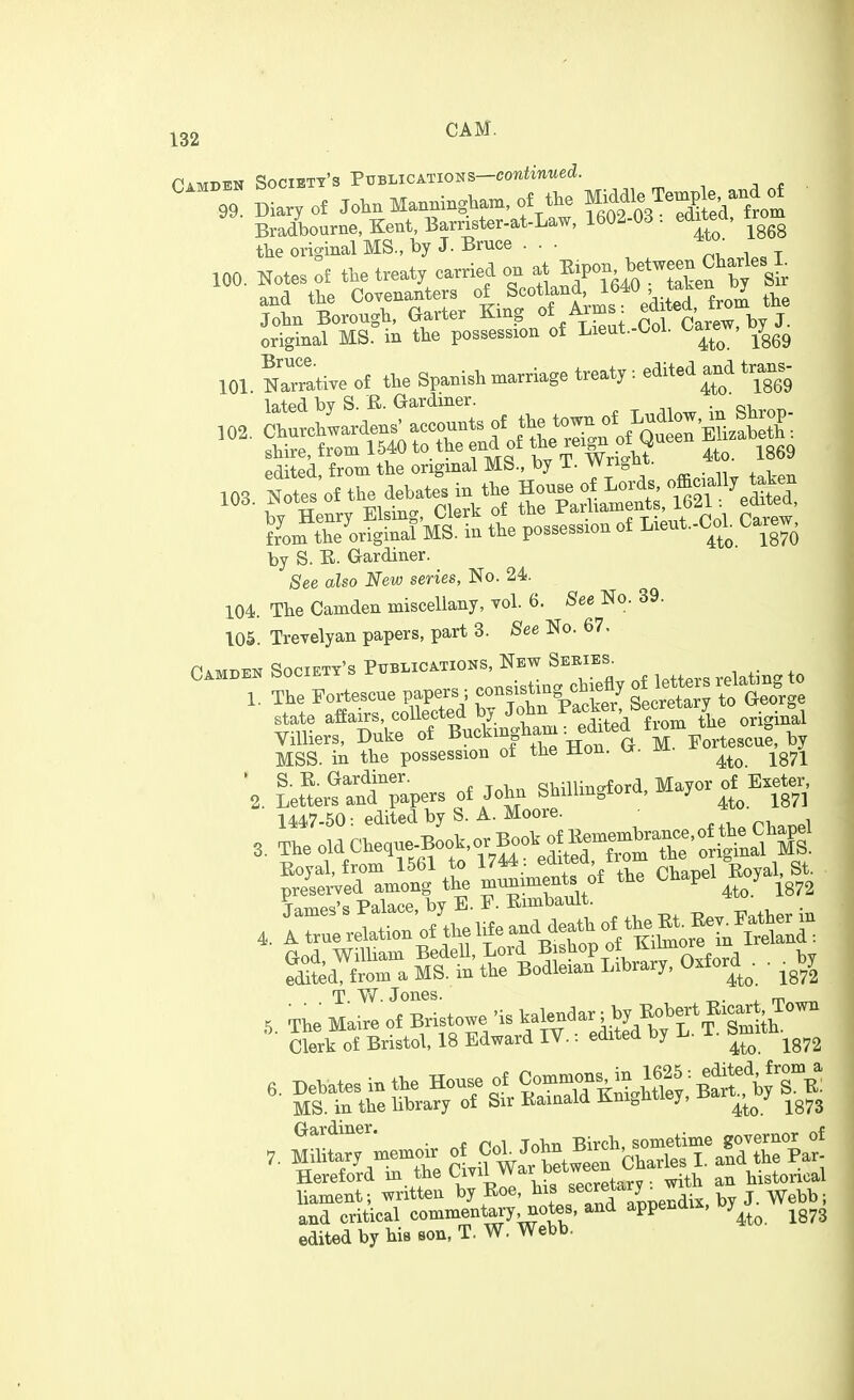 Camden Socibtt's PuBLicATioNS-conimued. 99. Diary of John Man», of t,e IHdam^^^^^^^ Bradboarne,E:ent,33amster.at-Law, 1602-03. editea, ^^^^ the original MS., by J. Bruce ... i . t 100. Notes of the treaty carried on at ^^P^^'^.^^^^^^^ and the Covenanters Scotland 1640 ,^ t^^^^^^^ John Borough, Garter Kmg of Arms^ Col Carew, by J. original MS. in the possession of Lieut.-Coi. oa^re^ , ^^^^ 101. NaTrative of the Spanish niarriage treaty : edited and tran. In+pd bv S R. Gardiner. . ^. edited, from the original MS., by i. Wri^nt. from the original MS. m tne possessiou u ^^^^ by S. E. Gardiner. See also New series, No. 24. 104. The Camden miscellany, vol. 6. See No. 39. 105. Trevelyan papers, part 3. See No. 67. Camped. Societt's Pxtblications, New Sekies. 1. The Fortescue papers ; insisting chiefly ^^^^^^^.f Sge state affairs, collected by John P^^^f'.^^^^^^^^^^ original Villiers, Duke of ^u^l^^^f G MSS. in the possession of the Hon. U. ^^^^ ' S. R. Gardiner. qi^niincrford Mayor of Exeter, 2. Letters and papers of John Shilhngtord, mayo ^^^^ 1447-50: edited by S. A. Moore. ^ 3. The old Cheque-Book,or Book f l^l^mTe''or^^^^^^ Eoyal, from 1561 to 1744: edited, from ^^e ^ng ^ preserved among the ^^^^' 4^0.^ 1872 M from a MS. in the Bodleian Library, Oxford ^. . ^^bj T \Y. Jones. . „ 5. The Maire of Bristowe 'is ^^Ky^^^^^^ Clerk of Bristol, 18 Edward IV. • edited by ^^^^ 6. Debates in the House of —s j^^^^^^^^^ MS. in the library of Sir Eainald Kmghtiey, -^^^^^^^ ^ ^g^g Gardiner. sometime governor of 7. Military memoir « .^oh JohnJircn^^ ^ ^ Hereford m the C^^^J,^^', f™^^^^^ . with an historical liament; written by Eoe, ^V^^f ^^^P''^^^^^^ and critical commentary notes, and appenau, oy ^^^^ edited by his son, T. W. Webb.