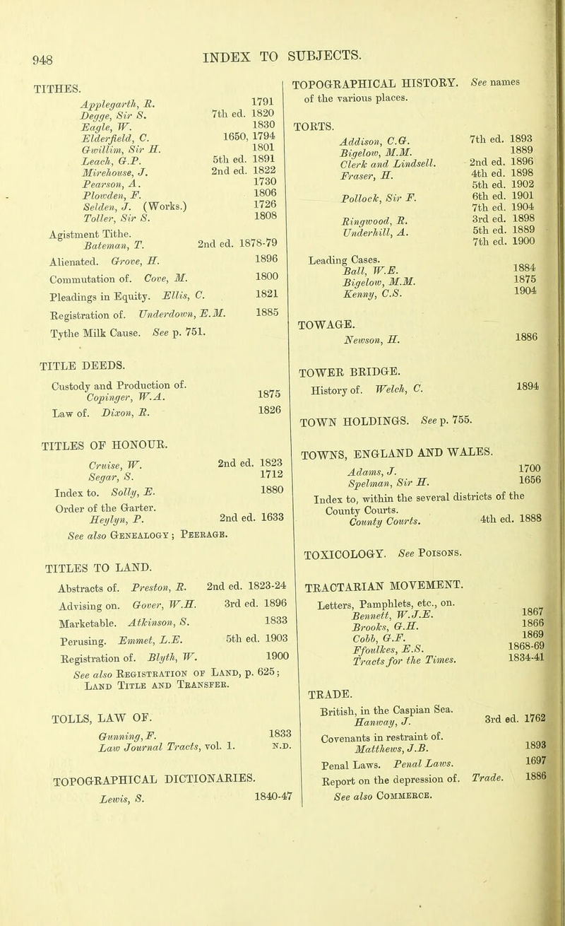 TITHES. Applegarth, B, Degge, Sir 8. liagle, W. JElderfield, C. Gwillim, Sir M. Leach, G.P. Mireliouse, J. Fear son, A. Ploivden, F. Selden, J. (Works.) Toller, Sir S. Agistment Tithe. Bateman, T. Alienated. Grove, S. Commutation of. Cove, M. Pleadings in Equity. Ellis, C. Eegistration of. Underdown, U.M. Tythe Milk Cause. See p. 751. TITLE DEEDS. Custody and Production of. Copinger, W.A. Law of. Dixon, S. 1791 7th ed. 1820 1830 1650, 1794 1801 5th ed. 1891 2nd ed. 1822 1730 . 1806 1726 1808 2nd ed. 1878-79 1896 See names 1800 1821 1885 1875 1826 TITLES OF HONOUR. Cruise, W. Segar, S. Index to. SoUg, JB. Order of the G-arter. Meylyn, P. 2nd ed. 1823 1712 1880 2nd ed. 1633 See also GtENEalogy ; Peeeagb. TITLES TO LAND. Abstracts of. Preston, R. Advising on. Gover, W.M. Marketable. Atkinson, S. Perusing. Emmet, L.E. Eegistration of. Blyth, W. See also Registeation of Land, p. 625 Land Title and Teansfee. 2nd ed. 1823-24 3rded. 1896 1833 5th ed. 1903 1900 7th ed. 1893 TOLLS, LAW OF. 2nd ed. 4th ed. 5th ed. 6th ed. 7th ed. 3rd ed. 5th ed. 7th ed. TOPOGRAPHICAL HISTORY, of the various places. TORTS. Addison, C.G. Bigeloiv, M.M. Clerk and Lindsell. Eraser, M. Pollock, Sir F. Ringtcood, R. Underhill, A. Leading Cases. Ball, W.E. Bigelow, M.M. Kenny, C.S. TOWAGE. Neivson, H. TOWER BRIDGE. History of. Welch, C. TOWN HOLDINGS. See p. 755. TOWNS, ENGLAND AND WALES Adams, J. Spelman, Sir M. Index to, within the several districts of the County Courts. County Courts. TOXICOLOGY. See Poisons. 1896 1898 1902 1901 1904 1898 1889 1900 1884 1875 1904 1886 1894 1700 1656 4th ed. 1888 Gunning, F. Law Journal Tracts, vol. 1. 1833 N.D. TOPOGRAPHICAL DICTIONARIES. Lewis, S. 1840-47 TRACTARIAN MOVEMENT. Letters, Pamphlets, etc., on. Bennett, W.J.E. Brooks, G.S. Cobb, G.F. Ffoulkes, E.S. Tracts for the Times. TRADE. British, in the Caspian Sea. Sanway, J. Covenants in restraint of. Matthews, J.B. Penal Laws. Penal Laws. Report on the depression of. See also Commeech. 1867 1866 1869 1868-69 1834-41 3rd ed. 1762 1893 1697 Trade. 1886