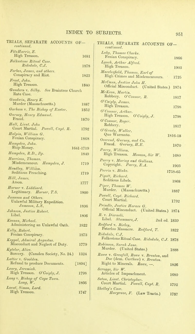 TEIALS, SEPAEATE ACCOUNTS OF— continued. FitzMarris, H. High Treason. Folkestone Ritual Case. Ridsdale, C.J. 1681 1878 Forbes, James, and others. Conspiracy and Eiot. 1823 Frost, John. High Treason. 1840 Gaudern v. Silbj/. See Braintree Church Eate Case. Goodwin, Henry K. Murder (Massachusetts.) 1887 Gorham v. The Bishop of Exeter. 1852 Gurnet/, Henry Fdmund. Fraud. 1870 Hall, Lieut. John Com-t Martial. PoiveU, Capt. R. 1792 Halpin, William G. Fenian Conspiracy. 1868 Hampden, John. Ship-Money. 1641-1719 Hampden, R.B., Bp. 1849 Harrison, Thomas. Misdemeanour. Hampden, J. 1719 Hendleif, William. Seditious Preaching. 1719 Hill, James. Arson. 1777 Horner v. Liddiard. Legitimacy. Horner, T.S. 1800 Jameson and Others. Unlawful MiUtary Expedition. Jameson, L.S. 1896 Johnson, Justice Robert. Libel. 1806 Keenan, Michael. Administering an Unlawful Oath. 1822 Kelly, Robert. Fenian Conspiracy. 1873 Keppel, Admiral Augustus. Slisconduct and Neglect of Duty. 1779 Kyteler, Alice. Sorcery. (Camden Society, No. 24.) 1324 Latter v. Qoolden. Eefusal to produce Documents. [1894J Leary, Jeremiah. High Ti-eason. &Coigly,J. 1798 Long V. Bishop of Cape Town. Long, W. 1866 Lovat, Simon, Lord. High Treason. 1747 1866 1903 1725 TEIALS, SEPAEATE ACCOUNTS OP— continued. Luby, Thomas Clarke. Fenian Conspiracy. Lynch, Arthur Alfred. High Treason. Macclesfield, Thomas, Farl of High Crimes and Misdemeanours. McCunn, Justice John H. Official Misconduct. (United States.) 1874 McKeon, Martin. Eobbery. O'Connor, R. 1817 O'Coigly, James. High Treason. 1793 O'Connor, Arthur. High Treason. O'Coigly, J. 1798 O'Connor, Roger. Eobbery. ^g^y 0'Grady, Waller. Quo Warranto. 1816-18 Overend, Gurney, and Co. Fraud. Gurney, H.F. 1870 Parry, William. High Treason. Monson, Sir W. 1680 Parry v. Moring and Gollanz. Copyright. Parry, E.A. Perrin v. Blake. Pigott, Richard. Seditious Libels. 1903 1758-65 1868 1887 1792 Piper, Thomas W. Murder. (Massachusetts.) Poivell, Capt. Richard. Court Martial. Prindie. Justice Horace G. Official Misconduct. (United States.) 1874 R. V. Disraeli. Libel. Stammers, J. 2nd ed. 1839 Redford v. Birley, Peterloo Massacre. Redford, T. 1822 Ridsdale, C.J. FolkestoneEitual Case. Ridsdale, C.J. 1878 Robinson, Sarah Jane. Murder. (United States.) 1888 Rowe V. Grenfell, Roxoe v. Brenton, and Doe (dem. Carthew) v. Brenton. Eight to Minerals. Roive, —. 1826 Scroggs, Sir W. Articles of Impeachment. Seton, Lieut. Christopher. Court Martial. Powell, Capt. R. Shelley's Case. Hargrave, F. (Law Tracts.) 1680 1792 1787