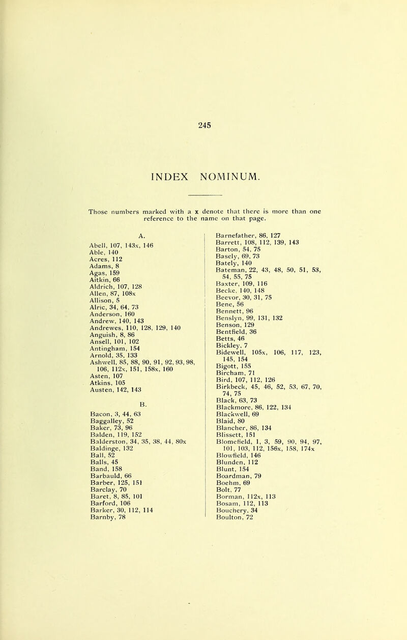 INDEX NOMINUM. Those numbers marked with a x denote that there is more than one reference to the name on that page. A. Abell, 107, 143x, 146 Able, 140 Acres, 112 Adams, 8 Agas, 159 Aitkin, 66 Aldrich, 107, 128 Allen, 87, 108x Allison, 5 Alric, 34, 64, 73 Anderson, 160 Andrew, 140, 143 Andrewes, 110, 128, 129, 140 Anguish, 8, 86 Ansell, 101, 102 Antingham, 154 Arnold, 35, 133 Ashwell, 85, 88, 90, 91, 92, 93, 98, 106, 112x, 151, 158x, 160 Asten, 107 Atkins, 105 Austen, 142, 143 B. Bacon, 3, 44, 63 Baggalley, 52 Baker, 73, 96 Balden, 119, 152 Balderston, 34, 35, 38, 44, 80x Baldinge, 132 Ball, 52 Balls, 45 Band, 158 Barbauld, 66 Barber, 125, 151 Barclay, 70 Baret, 8, 85, 101 Barford, 106 Barker, 30, 112, 114 Barnby, 78 Barnefather, 86, 127 Barrett, 108, 112, 139, 143 Barton, 54, 75 Basely, 69, 73 Bately, 140 Bateman, 22, 43, 48, 50, 51, 53, 54, 55, 75 Baxter, 109, 116 Becke, 140, 148 Beevor, 30, 31, 75 Bene, 56 Bennett, 96 Benslyn, 99, 131, 132 Benson, 129 Bentfield, 36 Betts, 46 Bickley, 7 Bidewell, 105x, 106, 117, 123, 145, 154 Bigott, 155 Bircham, 71 Bird, 107, 112, 126 Birkbeck, 45, 46, 52, 53, 67, 70, 74, 75 Black, 63, 73 Blackmore, 86, 122, 134 Blackwell, 69 Blaid, 80 Blancher, 86, 134 Blissett, 151 Blomeheld, 1, 3, 59, 90, 94, 97, 101, 103, 112, 156x, 158, 174x Blowfield, 146 Blunden, 112 Blunt, 154 Boardman, 79 Boehm, 69 Bolt, 77 Borman, 112x, 113 Bosam, 112, 113 Bouchery, 34 Boulton, 72