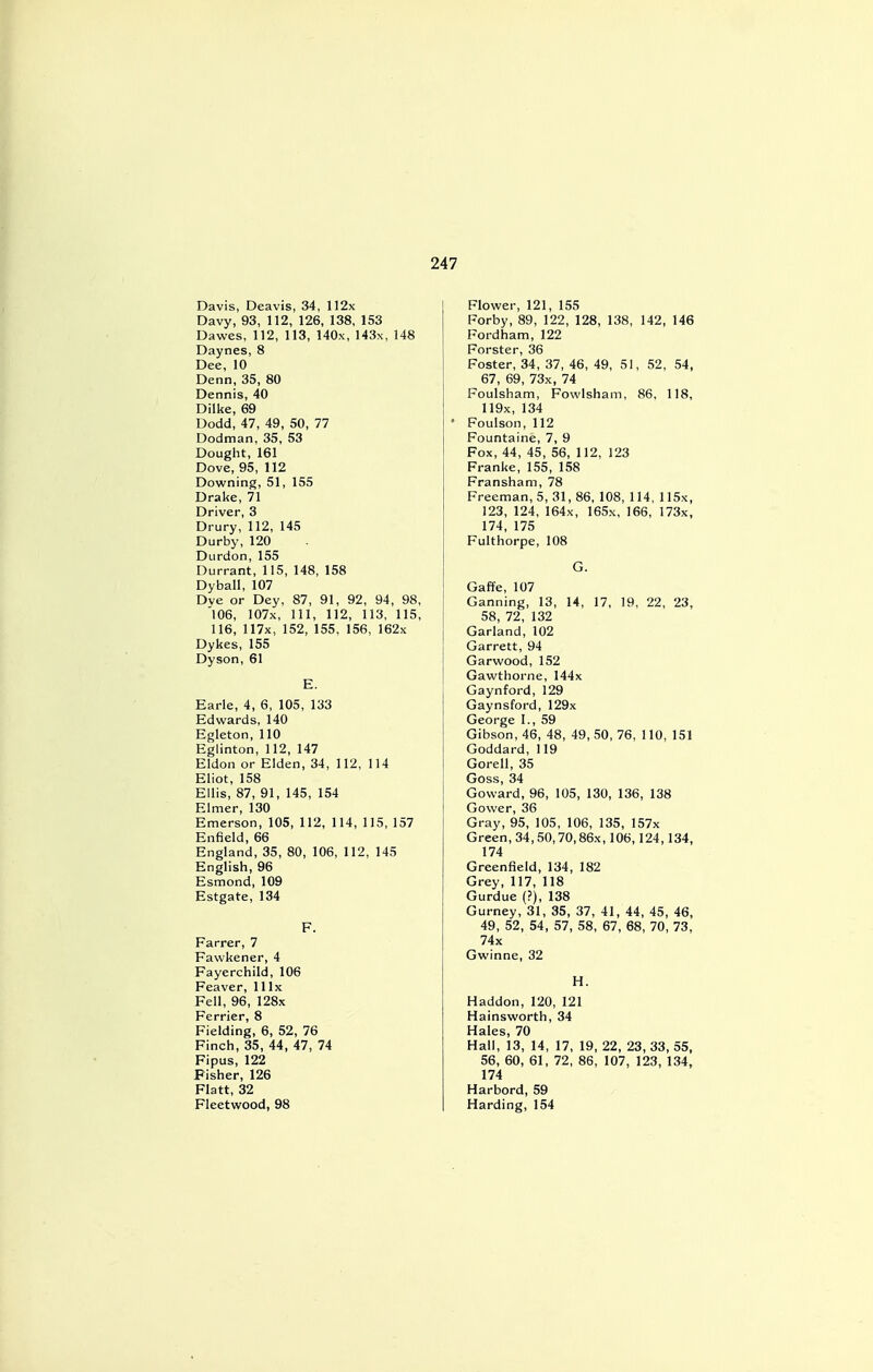 Davis, Deavis, 34, 112x Davy, 93, 112, 126, 138, 153 Dawes, 112, 113, 140x, 143x, 148 Daynes, 8 Dee, 10 Denn, 35, 80 Dennis, 40 Dilke, 69 Dodd, 47, 49, 50, 77 Dodman, 35, 53 Dought, 161 Dove, 95, 112 Downing, 51, 155 Drake, 71 Driver, 3 Drury, 112, 145 Durby, 120 Durdon, 155 Durrant, 115, 148, 158 Dyball, 107 Dve or Dey, 87, 91, 92, 94, 98, '106, 107x, 111, 112, 113, 115, 116, 117x, 152, 155. 156, 162x Dykes, 155 Dyson, 61 E. Earle, 4, 6, 105, 133 Edwards, 140 Egleton, 110 Eglinton, 112, 147 Eldon or Elden, 34, 112, 114 Eliot, 158 Ellis, 87, 91, 145, 154 Elmer, 130 Emerson, 105, 112, 114, 115, 157 Enfield, 66 England, 35, 80, 106, 112, 145 English, 96 Esmond, 109 Estgate, 134 F. Farrer, 7 Favvkener, 4 Fayerchild, 106 Feaver, 11 lx Fell, 96, 128x Ferrier, 8 Fielding, 6, 52, 76 Finch, 35, 44, 47, 74 Fipus, 122 Fisher, 126 Flatt, 32 Fleetwood, 98 Flower, 121, 155 Forby, 89, 122, 128, 138, 142, 146 Fordham, 122 Forster, 36 Foster, 34, 37, 46, 49, 51, 52, 54, 67, 69, 73x, 74 Foulsham, Fowlsham, 86, 118, 119x, 134 Foulson, 112 Fountaine, 7, 9 Fox, 44, 45, 56, 112, 123 Franke, 155, 158 Fransham, 78 Freeman, 5, 31, 86, 108, 114, 115x, 123, 124, 164x, 165x, 166, 173x, 174, 175 Fulthorpe, 108 G. Gaffe, 107 Ganning, 13, 14, 17, 19, 22, 23, 58, 72, 132 Garland, 102 Garrett, 94 Garwood, 152 Gawthorne, 144x Gaynford, 129 Gaynsford, 129x George I., 59 Gibson, 46, 48, 49, 50, 76, 110, 151 Goddard, 119 Gorell, 35 Goss, 34 Goward, 96, 105, 130, 136, 138 Gower, 36 Gray, 95, 105, 106, 135, 157x Green, 34,50,70,86x, 106,124,134, 174 Greenfield, 134, 182 Grey, 117, 118 Gurdue (?), 138 Gurney, 31, 35, 37, 41, 44, 45, 46, 49, 52, 54, 57, 58, 67, 68, 70, 73, 74x Gwinne, 32 H. Haddon, 120, 121 Hainsworth, 34 Hales, 70 Hall, 13, 14, 17, 19, 22, 23, 33, 55, 56, 60, 61, 72, 86, 107, 123, 134, 174 Harbord, 59 Harding, 154