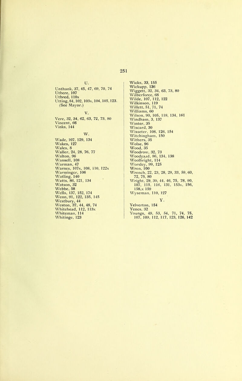 U. Unthank, 37, 45, 47, 69, 70, 74 Utbere, 107 Utbred, HOx Utting,84, 102, 103x, 104,105,123. (See Mayor.) V. Vere, 32, 34, 62, 63, 72, 73, 80 Vincent, 66 Vinks, 144 W. Wade, 107, 129, 134 Wakes, 127 Wales, 8 Waller, 24, 28, 76, 77 Walton, 96 Wan sell, 108 Warman, 47 Warnes, 107x, 108, 110, 122x Warminger, 106 Watling, 140 Watts, 86, 121, 134 Watson, 32 Webbe, 58 Wells, 137, 152, 174 Wenn, 91, 122, 135, 145 Westbury, 44 Weston, 37, 44, 48, 74 Whitehead, 112, 113x Whiteman, 114 Whitinge, 123 Wicks, 33, 155 Wickupp, 136 Wiggett, 32, 34, 63, 73, 80 Wilberforce, 68 Wilde, 107, 112, 122 Wilkinson, 119 Willett, 51, 71, 74 Williams, 60 Wilson, 90, 105, 118, 134, 161 Windham, 3, 137 Winter, 35 Wiscard, 30 Wisseter, 108, 126, 154 Witchingham, 150 Withers, 35 Wolse, 96 Wood, 35 Woodrow, 32, 73 Woodya-id, 86, 134, 138 Woolbright, 114 Worsley, 99, 125 Wren, 100 Wrench, 22, 23, 28, 29, 33, 59, 60, 72, 75, 80 Wright, 29, 30, 44, 46, 75, 78, 90, 107, 115, 116, 131, 153x, 156, 158,x 159 Wyseman, 110, 127 Y. Yelverton, 154 Yenes, 32 Youngs, 49, 53, 54, 71, 74, 75, 107, 109, 112, 117, 123, 126, 142