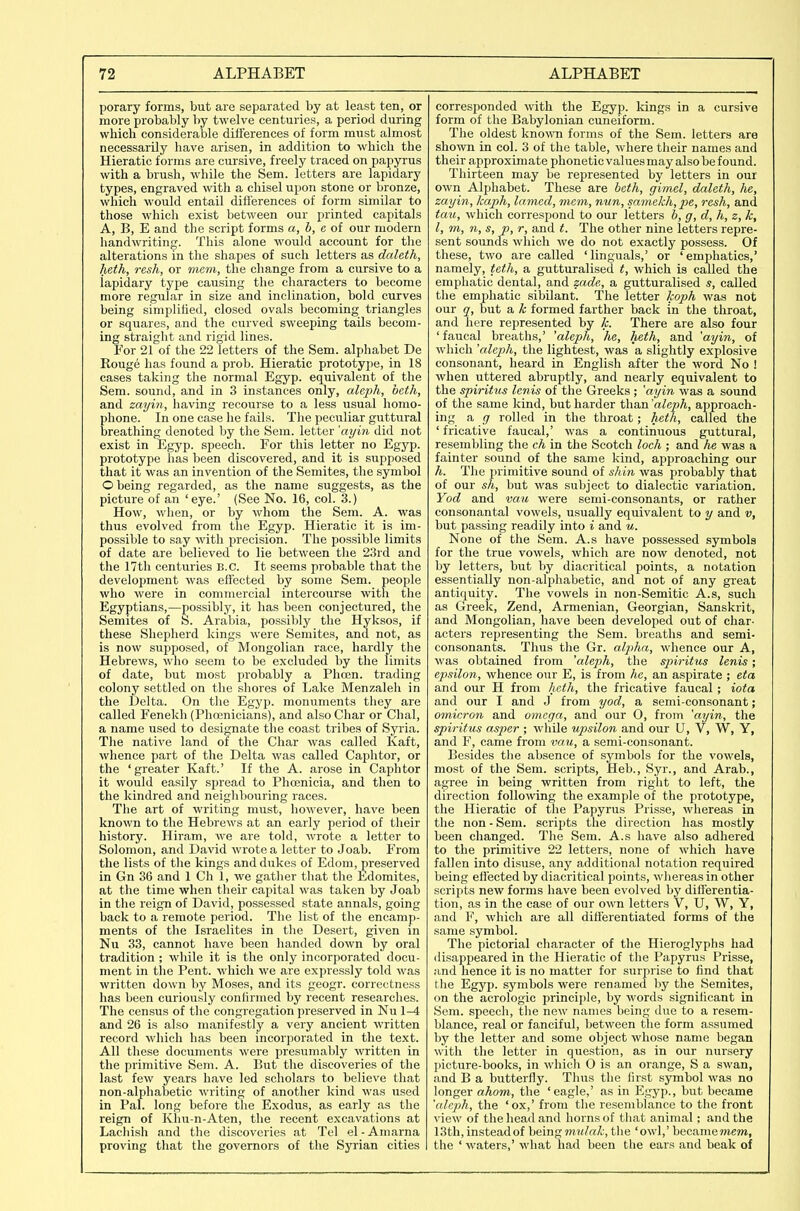 porary forms, but are separated by at least ten, or more probably by twelve centuries, a period during which considerable diiferences of form must almost necessarily have arisen, in addition to which the Hieratic forms are cursive, freely traced on papyrus with a brush, while the Sem. letters are lapidary types, engraved with a chisel upon stone or bronze, which would entail difJ'erences of form similar to those which exist between our printed capitals A, B, E and the script forms a, b, e of our modern handwriting. This alone would account for the alterations in the shapes of such letters as daleth, heth, resh, or mem, the change from a cursive to a lapidary type causing the characters to become more regular in size and inclination, bold curves being simplilied, closed ovals becoming triangles or squares, and the curved sweeping tails becom- ing straight and rigid lines. For 21 of the 22 letters of the Sem. alphabet De Rouge has found a prob. Hieratic prototype, in 18 cases taking the normal Egyp. equivalent of the Sem. sound, and in 3 instances only, aleph, beth, and zayin, having recourse to a less usual homo- phone. In one case he fails. The peculiar guttural breathing denoted by the Sem. letter 'ayin did not exist in Egyp. speech. For this letter no Egyp. prototype has been discovered, and it is supposed that it was an invention of the Semites, the symbol O being regarded, as the name suggests, as the picture of an 'eye.' (See No. 16, col. 3.) How, when, or by whom the Sem. A. was thus evolved from the Egyp. Hieratic it is im- possible to say with precision. The possible limits of date are believed to lie between tlie 23rd and the 17th centuries B.C. It seems probable that the development was eft'ected by some Sem. people who were in commercial intercourse with the Egyptians,—possibly, it has been conjectured, the Semites of S. Arabia, possibly the Hyksos, if these Shepherd kings were Semites, and not, as is now supposed, of Mongolian race, hardly the Hebrews, who seem to be excluded by the limits of date, but most probably a Phcen. trading colony settled on the shores of Lake Menzaleli in the Delta. On the Egyp. monuments they are called Fenekh (Phojnicians), and also Char or Chal, a name used to designate the coast tribes of Syria. The native land of the Char was called Kaft, whence part of the Delta was called Caphtor, or the 'greater Kaft.' If the A. arose in Caphtor it would easily spread to Phoenicia, and then to the kindred and neighbouring races. The art of writing must, however, have been known to the Hebrews at an early period of their history. Hiram, we are told, wrote a letter to Solomon, and David wrote a letter to Joab. From the lists of tlie kings and dukes of Edom, preserved in Gn 36 and 1 Ch 1, we gatlier that the Edomites, at the time when their capital was taken by Joab in the reign of David, possessed state annals, going back to a remote period. The list of the encamp- ments of the Israelites in the Desert, given in Nu 33, cannot have been handed down by oral tradition ; while it is the only incorporated docu- ment in the Pent, which we are expressly told was written down by Moses, and its geogr. correctness has been curiously confirmed by recent researches. The census of the congregation preserved in Nu 1-4 and 26 is also manifestly a very ancient written record which has been incorporated in the text. All these documents were presumably written in the primitive Sem. A. But the discoveries of the last few years have led scholars to believe that non-alphabetic writing of another kind was used in Pal. long before the Exodus, as early as the reign of Khu-n-Aten, the recent excavations at Lacliish and the discoveries at Tel el - Amarna proving that the governors of the Syrian cities corresponded with the Egyp. kings in a cursive form of the Babylonian cuneiform. The oldest known forms of the Sem. letters are shown in col. 3 of the table, where their names and their approximate phonetic values may also be found. Thirteen may be represented by letters in our own Alphabet. These are beth, gimel, daleth, he, zayin, Itaph, lamed, mem, nun, samekh, pe, resh, and tau, which correspond to our letters b, g, d, h, z, k, I, m, n, s, p, r, and t. The other nine letters repre- sent sounds which we do not exactly possess. Of these, two are called 'Unguals,' or 'emphatics,' namely, teth, a gutturalised t, which is called the emphatic dental, and zade, a gutturalised s, called the emphatic sibilant. The letter koph was not our g', but a k formed farther back in the throat, and here represented by k. There are also four 'faucal breaths,' 'aleph, he, heth, and 'ayin, of which 'aleph, the lightest, was a slightly explosive consonant, heard in English after the word No ! when uttered abruptly, and nearly equivalent to the spiritus lenis of the Greeks ; 'ayin was a sound of the same kind, but harder than 'aleph, approach- ing a g rolled in the throat; heth, called the ' fricative faucal,' was a continuous guttural, resembling the ch in the Scotch loch ; and he was a fainter sound of the same kind, approaching our h. The primitive sound of shin was probably that of our sh, but was subject to dialectic variation. Yod and vau were semi-consonants, or rather consonantal vowels, usually equivalent to y and v, but passing readily into i and u. None of the Sem. A.s have possessed symbols for the true vowels, which are now denoted, not by letters, but by diacritical points, a notation essentially non-alphabetic, and not of any great antiquity. The vowels in non-Semitic A.s, such as Greek, Zend, Armenian, Georgian, Sanskrit, and Mongolian, have been developed out of char- acters representing the Sem. breaths and semi- consonants. Thus the Gr. alpha, whence our A, was obtained from 'aleph, the spiritus lenis ; epsilon, whence our E, is from he, an aspirate ; eta and our H from heth, the fricative faucal ; iota and our I and J from yod, a semi-consonant; 07nicron and omega, and our 0, from 'ayin, the spiritus asper ; while upisilon and our U, V, W, Y, and F, came from vau, a semi-consonant. Besides the absence of symbols for the vowels, most of the Sem. scripts, Heb., Syr., and Arab., agree in being written from right to left, the direction following the example of the prototype, the Hieratic of the Papyrus Prisse, whereas in the non - Sem. scripts tlie direction has mostly been changed. The Sem. A.s have also adhered to the primitive 22 letters, none of which have fallen into disuse, any additional notation required being efl'ected by diacritical points, whereas in other scripts new forms have been evolved by differentia- tion, as in the case of our own letters V, U, W, Y, and F, which are all difi'erentiated forms of the same symbol. The pictorial character of the Hieroglyphs had disappeared in the Hieratic of the Papyrus Prisse, and hence it is no matter for surprise to find that the Egyp. symbols were renamed by the Semites, on the acrologic principle, by words significant in Sem. speech, the new names being due to a resem- blance, real or fanciful, between the form assumed by the letter and some object whose name began with the letter in question, as in our nursery picture-books, in whieli O is an orange, S a swan, and B a butterfly. Thus the first symbol was no longer ahom, the 'eagle,' as in Egyp., but became 'aleph, the 'ox,' from the resemblance to the front view of the head and horns of that animal; and the 13th, instead of being mnlak, the 'owl,' becamemem, the ' waters,' what had been the ears and beak of