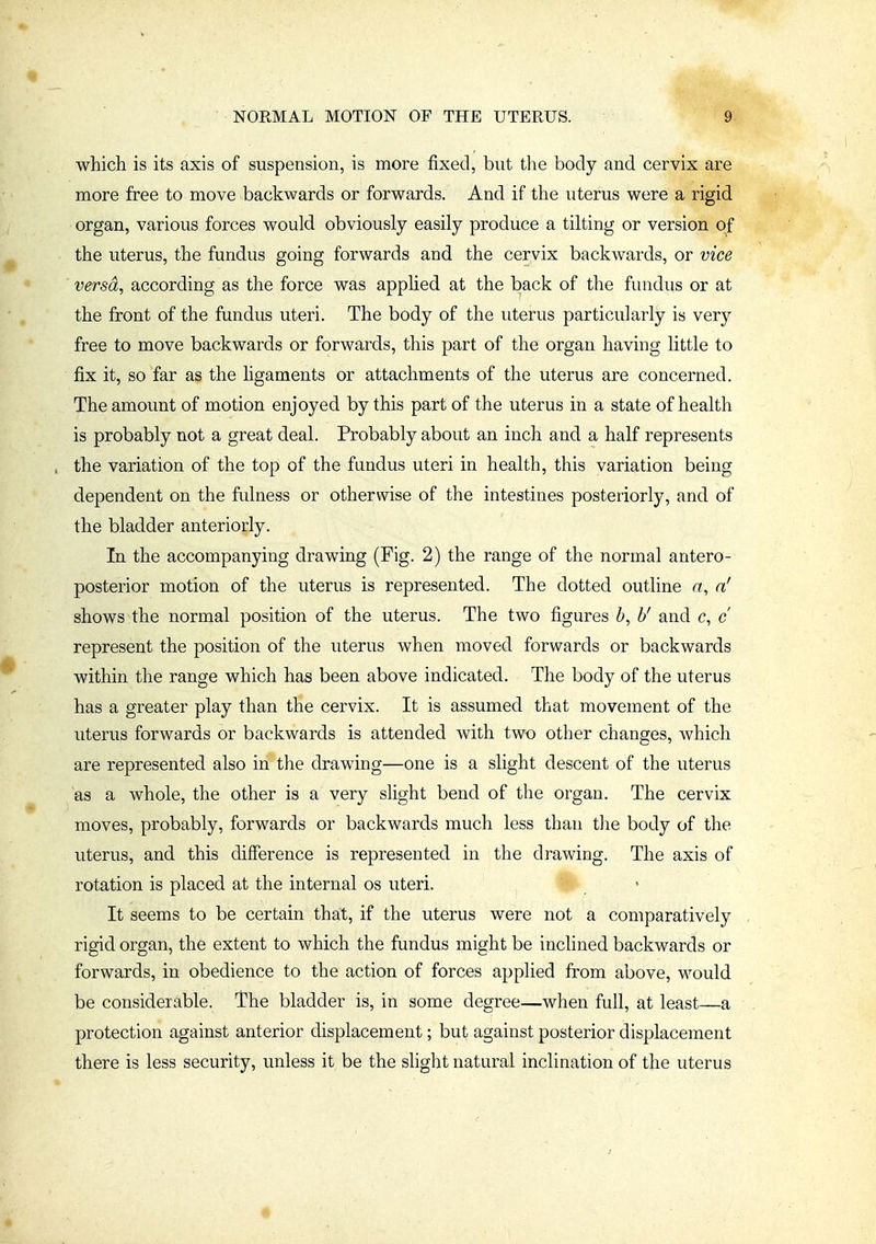 which is its axis of suspension, is more fixed, but the body and cervix are more free to move backwards or forwards. And if the uterus were a rigid organ, various forces would obviously easily produce a tilting or version of the uterus, the fundus going forwards and the cervix backwards, or vice versa, according as the force was apphed at the back of the fundus or at the front of the fundus uteri. The body of the uterus particularly is very free to move backwards or forwards, this part of the organ having little to fix it, so far as the ligaments or attachments of the uterus are concerned. The amount of motion enjoyed by this part of the uterus in a state of health is probably not a great deal. Probably about an inch and a half represents the variation of the top of the fundus uteri in health, this variation being dependent on the fulness or otherwise of the intestines posteriorly, and of the bladder anteriorly. In the accompanying drawing (Fig. 2) the range of the normal antero- posterior motion of the uterus is represented. The dotted outline a, a' shows the normal position of the uterus. The two figures b, h' and c, c represent the position of the uterus when moved forwards or backwards within the range which has been above indicated. The body of the uterus has a greater play than the cervix. It is assumed that movement of the uterus forwards or backwards is attended with two other changes, which are represented also in the drawing—one is a slight descent of the uterus as a whole, the other is a very slight bend of the organ. The cervix moves, probably, forwards or backwards much less than tlie body of the uterus, and this difference is represented in the drawing. The axis of rotation is placed at the internal os uteri. It seems to be certain that, if the uterus were not a comparatively rigid organ, the extent to which the fundus might be inclined backwards or forwards, in obedience to the action of forces applied from above, would be considerable. The bladder is, in some degree—when full, at least—a protection against anterior displacement; but against posterior displacement there is less security, unless it be the slight natural inclination of the uterus