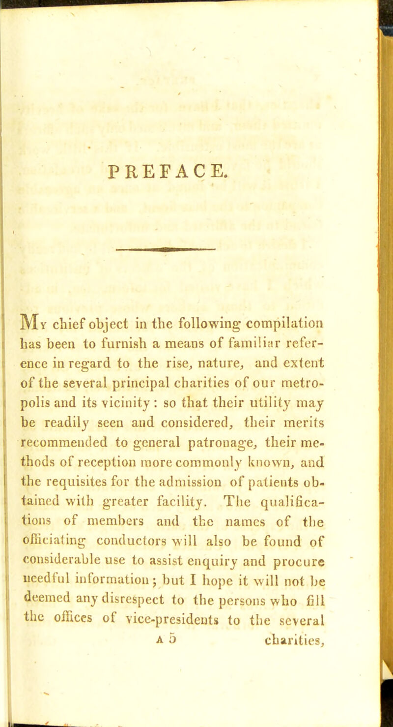 PREFACE. My chief object in the following compilation has been to furnish a means of familiar refer- ence in regard to the rise, nature^ and extent of the several principal charities of our metro- polis and its vicinity : so that their utility may be readily seen and considered, their merits recommended to general patronage, their me- thods of reception more commonly known, and the requisites for the admission of patients ob- tained with greater facility. The qualifica- tions of members and the names of the officiating conductors will also be found of considerable use to assist enquiry and procure needful information; but I hope it will not be deemed any disrespect to the persons who fill the offices of vice-presidents to the several A 5 charities.