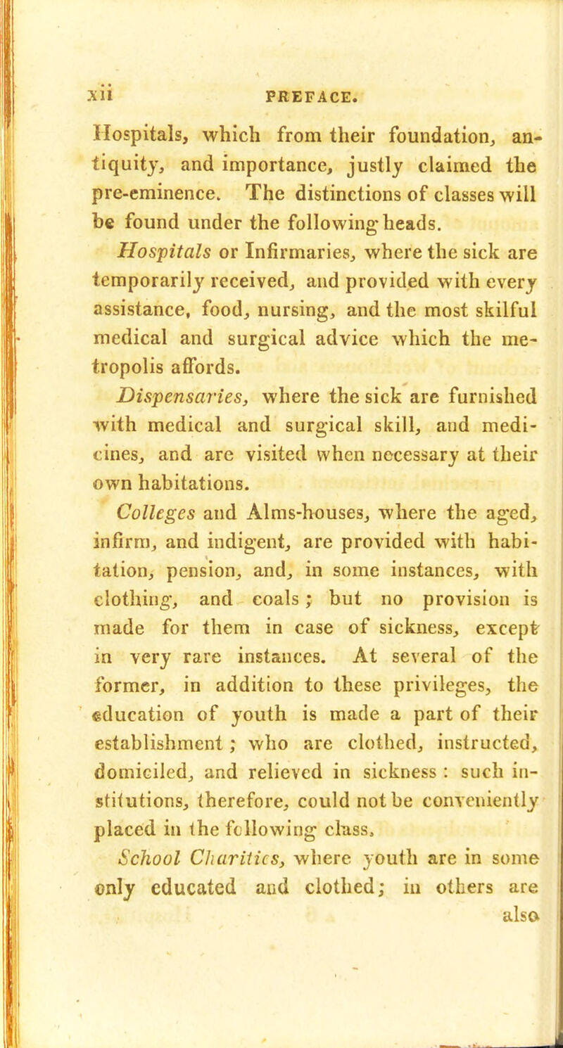 Hospitals, which from their foundation^ an- tiquity, and importance, justly claimed the pre-eminence. The distinctions of classes will b« found under the following-heads. Hospitals or Infirmaries, where the sick are temporarily received, and provided with every assistance, food, nursing, and the most skilful medical and surgical advice which the me- tropolis affords. Dispensaries, where the sick are furnished with medical and surgical skill, and medi- cines, and are visited when necessary at their own habitations. Colleges and Alms-houses, where the aged, infirm, and indigent, are provided with habi- tation, pension, and, in some instances, with clothing, and coals; but no provision is made for them in case of sickness, except- in very rare instances. At several of the former, in addition to these privileges, the education of youth is made a part of their establishment; who are clothed, instructed, domiciled, and relieved in sickness: such in- stitutions, therefore, could not be conveniently placed in the following class. School Cliariiics, where youth are in some only educated and clothed; iu others are alsa