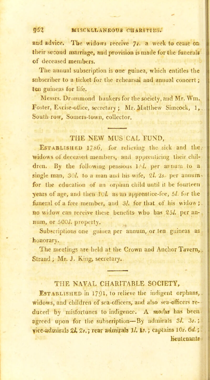 and advice. Tl>c widows receive ^t. a week to cease on their second marriage, and provision is made lor tlie funerali of deceased tnenibers. The annual subscription is one guinea, which entitles the snbscriber to a ticket for tlie rehearsal and annual concert; ten guineas for life. Messrs. Dr.ininiond bankers for the society, and Mr. Wm. Foster, E\cise-otiicc, secretary ; Mr. Matthew Simcock, 1, South row, Soniers-lovvn, collector. THE NEW MUS CAL FUND, Established 17S6, for relieving the bick and the widows of deceased members, and appreiilicing their cliil- dren. By the following pensions per ai nuai to a single man, 30'/. to a man ami his wife, 2/. 'Is. per annum for the education of an orplian child until it be fourteen years of age, and tlien lo/. as an appreniice-fee, 5/. for the funeral of a free member, and 3/. for that of his widow ; no widow can receive these benefits- who has 25/. per an- num, or 500/. property. Subscriptions one guinea per annum, or ten guineas as honorary. The meetings are held at the Crown and Anchor Tavern, Strand ; Mr. J. King, secretary. THE NAVAL CHARITABLE SOCIETY, Established in 1791, to relieve the indigent orphan*, widows, and children of sca-otBcers, and also sea-officers re- duced by misfortunes lo indigence. A modus has been iigreed upon for the subscription—By admirals 3/. 3x.; Yice-admirals 2/. 2/.; rear admirals J/. If.; ca^Hains iOj. 6«/.; Heulenaiitr