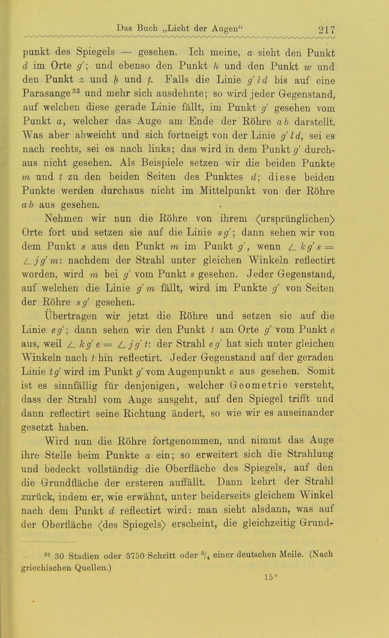 punkt des Spiegels — gesehen. Ich meine, a sieht den Punkt d im Orte /; und ebenso den Punkt h und den Punkt w und den Punkt z und h und t. Falls die Linie g'ld bis auf eine Parasange^^ und mehr sich ausdehnte; so wird jeder Gegenstand, auf welchen diese gerade Linie fällt, im Punkt / gesehen vom Punkt a, welcher das Auge am Ende der Röhre ab darstellt. Was aber abweicht und sich fortneigt von der Linie g' l d, sei es nach rechts, sei es nach links; das wird in dem Punkt g' durch- aus nicht gesehen. Als Beispiele setzen wir die beiden Punkte m und t zu den beiden Seiten des Punktes d; diese beiden Punkte werden durchaus nicht im Mittelpunkt von der Röhre ab aus gesehen. Nehmen wir nun die Röhre von ihrem ((ursprünglichen) Orte fort und setzen sie auf die Linie s g'; dann sehen wir von dem Punkt s aus den Punkt m im Punkt g', wenn /_ kg's = l_jg' m: nachdem der Strahl unter gleichen Winkeln reflectirt worden, wird m bei g vom Punkt s gesehen. Jeder Gegenstand, auf welchen die Linie gm fällt, wird im Punkte g von Seiten der Röhre sg gesehen. Übertragen wir jetzt die Röhre und setzen sie auf die Linie e g'; dann sehen wir den Punkt t am Orte g' vom Punkt e aus, weil /_kg' e = i_jg't: der Strahl eg hat sich unter gleichen Winkeln nach i hin reflectirt. Jeder Gegenstand auf der geraden Linie t g wird im Punkt g' vom Augenpunkt e aus gesehen. Somit ist es sinnfällig für denjenigen, welcher Geometrie versteht, dass der Strahl vom Auge ausgeht, auf den Spiegel trifft und dann reflectirt seine Richtung ändert, so wie wir es auseinander gesetzt haben. Wird nun die Röhre fortgenommen, und nimmt das Auge ihre Stelle beim Punkte a ein; so erweitert sich die Strahlung und bedeckt vollständig die Oberfläche des Spiegels, auf den die Grundfläche der ersteren aufiallt. Dann kehrt der Strahl zurück, indem er, wie erwähnt, unter beiderseits gleichem Winkel nach dem Punkt d reflectirt wird: man sieht alsdann, was auf der Oberfläche <des Spiegels) erscheint, die gleichzeitig Grund- 30 Stadien oder 3750 Schritt oder »Z* einer deutschen Meile. (Nach griechischen Quellen.) 15*