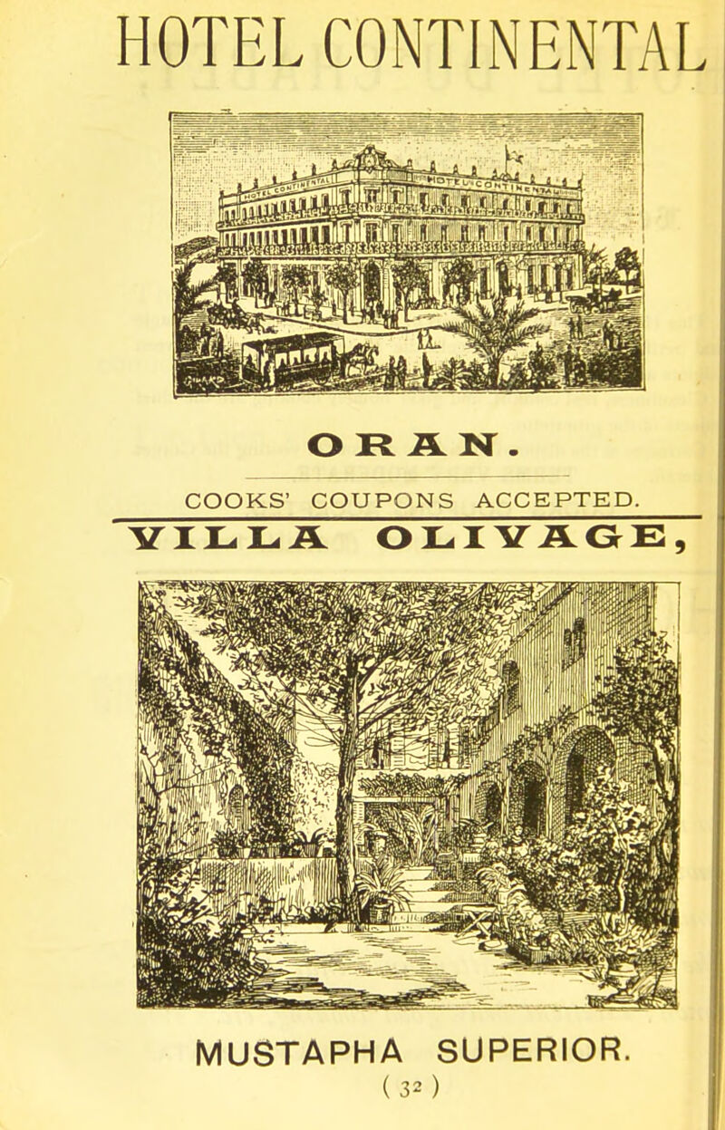 HOTEL CONTINENTAL O R A N . COOKS' COUPONS ACCEPTED. VILLA OLIY AGE, MUSTAPHA SUPERIOR. (30