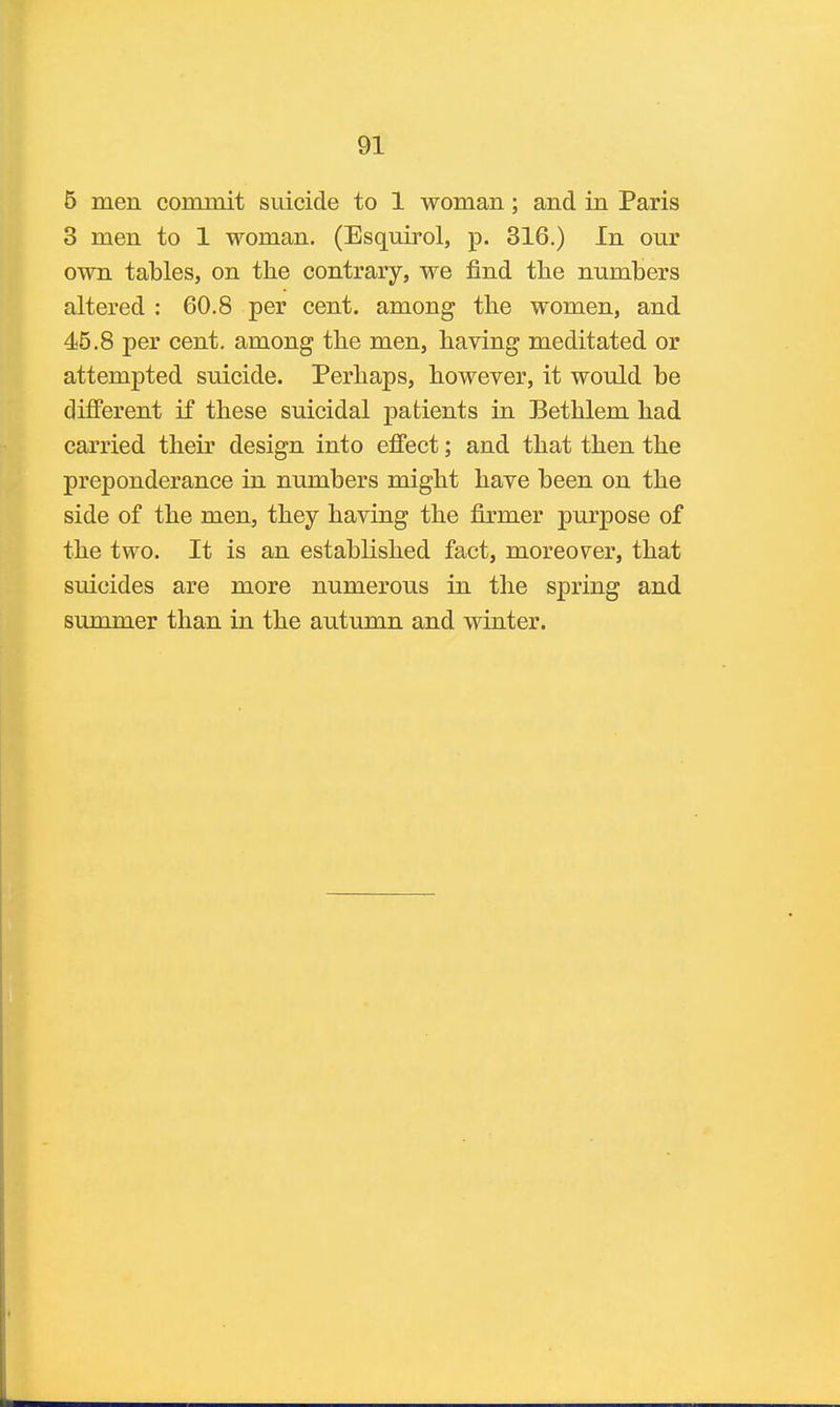 6 men commit suicide to 1 woman; and in Paris 3 men to 1 woman. (Esquirol, p. 316.) In our own tables, on the contrary, we find the numbers altered : 60.8 per cent, among the women, and 45.8 per cent, among the men, having meditated or attempted suicide. Perhaps, however, it would be different if these suicidal patients in Bethlem had carried their design into efiect; and that then the preponderance in numbers might have been on the side of the men, they having the firmer purpose of the two. It is an established fact, moreover, that suicides are more numerous in the spring and summer than in the autumn and winter.