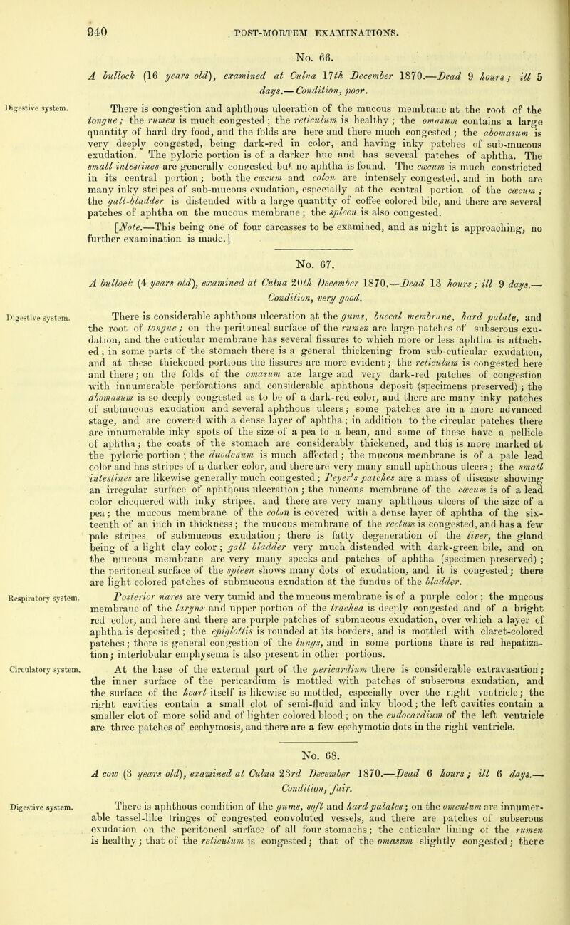 No. 66. A bullock (16 years old), examined at Culna 17th December 1870.—Bead 9 hours; ill 5 days.— Condition, poor. Digestive system. There is congestion and aphthous ulceration of the mucous membrane at the root of the tongue; the rumen is much congested; the reticulum is healthy; the omasum contains a large quantity of hard dry food, and the folds are here and there much congested ; the abomasum is very deeply congested, heing dark-red in color., and having inky patches of sub-mucous exudation. The pyloric portion is of a darker hue and has several patches of aphtha. The small intestines are generally congested but no aphtha is found. The ccecum is much constricted in its central portion; both the ccecum and colon are intensely congested, and in both are many inky stripes of sub-mucous exudation, especially at the central portion of the ccecum ; the gall-bladder is distended with a large quantity of coffee-colored bile, and there are several patches of aphtha on the mucous membrane; the spleen is also congested. [Note.—This being one of four carcasses to be examined, and as night is approaching, no further examination is made.] No. 67. A bullock (4 years old), examined at Culna 20th December 1870,-—Dead 13 hours ; ill 9 days. < Condition, very good. Digestive system. There is considerable aphthous ulceration at the gums, buccal membrane, hard palate, and the root of tongue ; on the peritoneal surface of the rumen are large patches of subserous exu- dation, and the cuticular membrane has several fissures to which more or less aphtha is attach- ed; in some parts of the stomach there is a general thickening from sub-cuticular exudation, and at these thickened portions the fissures are more evident; the reticulum is congested here and there; on the folds of the omasum are large and very dark-red patches of congestion with innumerable perforations and considerable aphthous deposit (specimens preserved) ; the abomasum is so deeply congested as to be of a dark-red color, and there are many inky patches of submucous exudation and several aphthous ulcers; some patches are in a more advanced stage, and are covered with a dense layer of aphtha; in addition to the circular patches there are innumerable inky spots of the size of a pea to a bean, and some of these have a pellicle of aphtha; the coats of the stomach are considerably thickened, and this is more marked at the pyloric portion ; the duodenum is much affected; the mucous membrane is of a pale lead color and has stripes of a darker color, and there are very many small aphthous ulcers ; the small intestines are likewise generally much congested; Peyer's patches are a mass of disease showing an irregular surface of aphthous ulceration; the mucous membrane of the ccecum is of a lead color chequered with inky stripes, and there are very many aphthous ulcers of the size of a pea; the mucous membrane of the colon is covered witli a dense layer of aphtha of the six- teenth of an inch in thickness; the mucous membrane of the rectum is congested, and has a few pale stripes of submucous exudation; there is fatty degeneration of the liver, the gland being of alight clay color; gall bladder very much distended with dark-green bile, and on the mucous membrane are very many specks and patches of aphtha (specimen preserved) ; the peritoneal surface of the spleen shows many dots of exudation, and it is congested; there are light colored patches of submucous exudation at the fundus of the bladder. Respiratory system. Posterior nares are very tumid and the mucous membrane is of a purple color; the mucous membrane of the larynx and upper portion of the trachea is deeply congested and of a bright red color, and here and there are purple patches of submucous exudation, over which a layer of aphtha is deposited; the epiglottis is rounded at its borders, and is mottled with claret-colored patches; there is general congestion of the lungs, and in some portions there is red hepatiza- tion ; interlobular emphysema is also present in other portions. Circulatory system. At the base of the external part of the pericardium there is considerable extravasation; the inner surface of the pericardium is mottled with patches of subserous exudation, and the surface of the heart itself is likewise so mottled, especially over the right ventricle; the right cavities contain a small clot of semi-fluid and inky blood; the left qavities contain a smaller clot of more solid and of lighter colored blood; on the endocardium of the left ventricle are three patches of ecchymosis, and there are a few eechymotic dots in the right ventricle, No. 68. A cow (3 years old), examined at Culna 23rd December 1870.—Dead 6 hours; ill 6 days,—< Condition, fair. Digestive system. There is aphthous condition of the gums, soft and hard palates; on the omentum are innumer- able tassel-like Iringes of congested convoluted vessels, and there are patches of subserous exudation on the peritoneal surface of all four stomachs; the cuticular lining of the rumen is healthy; that pf the reticulum is congested; that of the omasum slightly congested; there