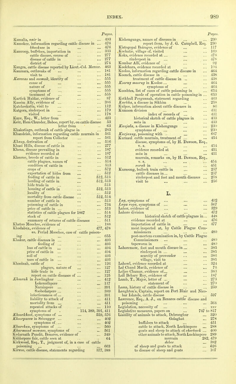 Pages. Kamalia, vair in ... 493 Kamokee, information regarding cattle disease in ... 476 hhooknee in ... ... ... 476 Kamroop, bufMoes, importation in ... ... 333 cattle disease, course of ... ••• 277 disease of cattle in ... ... 277 district of ... ... ... 274 Kangra, cattle disease reported by Lieut.-Col. Mercer. 463 Kamnara, outbreaks of ... ... ... 181 visit to ... ... ... 181 Karevao and seemuJc, identity of ... ... 555 cause of ... ... ... 555 nature of ... ... ... 555 symptoms of ... ... ... 555 treatment of ... ... ... 555 Kartick Haldar, evidence of ... ... 87 Kassim Ally, evidence of ... ... ... 3S6 Katckeekatta, visit to ... ... ... 112 Katgora, rinderpest in ... ... ... 179 visited ... ... ... 178 Kaye, Esq., W., letter from ... ... 423 Kerr, Hem Cbunder, Baboo, report by, on cattle disease 53 letter from ... 63 Khakatiago, outbreak of cattle plague in ... 283 Kkandeish, information regarding cattle murrain in 561 report from Collector ... ... 561 Kliang, derivation of ... ... ... 516 Kbasi Hills, disease of cattle in ... ... 277 Khena, disease prevailing in .. ... 187 evidence recorded at ... ... 187 Kheeree, breeds of cattle in ... ... 512 cattle plagues, names of ... ... 514 condition of cattle in ... ... 513 crops of ... ... ... 572 exportation of bides from ... ... 512 feeding of cattle in ... 512,513 herding of cattle in ... 512,513 bide trade in ... ... .. 513 bousing of cattle in ... 512,513 locality of ... ... ... 512 mortality from cattle disease ... 512,514 number of cattle in ... ... 513 poisoning of cattle in ... ... 734 price of cattle in ... ... ... 513 statistics of cattle plagues for 1867 ... 514 stock of ... ... ... 512 summary of returns of cattle diseases ... 511 Ivbetoo Moocbee, evidence of ... ... 188 Khodabux, evidence of ... ... 477,478 vs. Perlad Moocbee, case of cattle poison- ing ... ... ... ... 655 Kbokar, cattle diseases in ... ... ... 493 feeding of ... ... 493 loss of cattle in ... ... ... 494 price of cattle in ... ... ... 494 soil of ... ... ... 493 uses of cattle in ... ... ... 493 Kboolnab, cattle of ... ... ... 126 plagues, nature of ... ... 127 bide trade in ... ... 127 report on cattle diseases of ... ... 125 Khoorah in Jawlingbur ... ... ... 412 Lokenatbpore ... ... 117 Narainpore ... ... ... 391 Soobedarpore ... ... ... 389 infectiousness of... ... ... 391 liability to attack of ... ... 411 mortality from ... .. ... 411 repeated attacks of ... ... 110 symptoms of . 114, 389, 391, 411 Khoorlclioot, symptoms of ... ... 559, 576 Khoorpucca in Srinugger ... ... ... 402 symptoms of ... ... ... 402 Khurchun, symptoms of ... ... ... 560 Khurmund mowaso, symptoms of .. ... 561 Kedarnatb Pundit, Benares, evidence of ... 349 Kidderpore fair, cattle seen at .. -.64 Kirkwood, Esq., T., judgment of, in a case of cattle poisoning ... ... ... ... 663 Kirwee, cattle disease, statements regarding 377, 388 Pages. Kisbengunge, names of diseases in ... ... 230 report from, by J. G. Campbell, Esq. 230 Kistogopal Boiragee, evidence of ... ... 117 Kocbatie, village of, visited ... ... 169 Koka, evidence recorded at ... ... ... 478 rinderpest in ... ... ... 478 Kombar Alii, evidence of ... ... ... 92 Koolchara, evidence recorded at ... ... 104 Kooloo, information regarding cattle disease in ... 464 Kooncb, cattle disease in ... ... ... 438 treatment of cattle disease in -.. ... 438 Kuorug moorug in Kooloo ... ... ... 464 symptoms of ... ... 464 Koosbtea, list of cases of cattle poisoning in ... 654 mode of operation in cattle poisoning in ... 653 Kotkhall Pergunnab, statement regarding ... 463 ILuchha, a disease in Sikbim ... ... 258 Kulpee, information about cattle diseases in ... 86 Kumaon division ... ... ... 431 index of records of ... ... 431 bistorical sketch of cattle plagues in ... 433 man in ... ... ... 433 Kunjala, a disease in Kisbengunge ... ... 230 symptoms of ... ... ... 230 Kurjunny, poisoning with .. ... ... 667 Kurnaul cattle murrain, treatment of ... ... 454 disease, symptoms of, by H. Dawson, Esq., v. s. ... ... ... 454 evidence recorded at ... ... 451 man in ... ... ... 451 murrain, remarks on, by H. Dawson, Esq., v. s. ... ... ... 454 rorah in ... ... ... 451 Kurseong, bullock train cattle in ... ... 257 cattle diseases in... ... ... 257 rinderpest and foot and mouth diseases ... 258 visit to ... ... ... 256 L. Lag, symptoms of ... ... ... 492 Lag a roga, symptoms of ... ... ... 567 Labor, evidence of ... ... ... 329 Lahore division ... ... ... 472 historical sketch of cattle plagues in... 448 evidence recorded at ... ... 476 importation of cattle in ... ... 477 meat inspected at, by Cattle Plague Com- missioners ... ... ... 480 post-mortem examination in, by Cattle Plague Commissioners ... ... ... 480 tapeworm in ... ... ... 480 Lahoremow, foot and mouth disease in ... ... 385 rinderpest in ... ... ... 385 scarcity of provender ... ... 386 village, visit to ... ... 385 Lahowl, evidence recorded at ... ... 324 Lai Chand Marik, evidence of ... ... 74 Laljee Chamar, evidence of... ... ... 383 Lall Behar3r Roy, evidence of ... ... 187 Lamb, T., Major, letter of ... ... ... 273 statement of ... ... 270 Lassa, history of cattle disease in ... ... 259 Laughton's, Captain, report on Port Blair and Nico- bar Islands, cattle disease ... ... 597 Lawrence, Esq., A. J., on Benares cattle disease and poisoning ... ... ... ... 364 Legislation, necessity of ... ... ... xxv Legislative measures, papers on ... 747 to 817 Liabibty of animals to attack, Debrooghur ... 320 Golaghat ... 278 buffaloes to attack ... ... 451 cattle to attack, North Luckimpore .„„ 288 goats and sheep to attack of chechuck ... 400 other animals to attack, North Luckimpore 289 murrain 282, 479 debee ... 3S2 of sheep and goats to attack ... 626 to disease of sbeep and goats ... 107