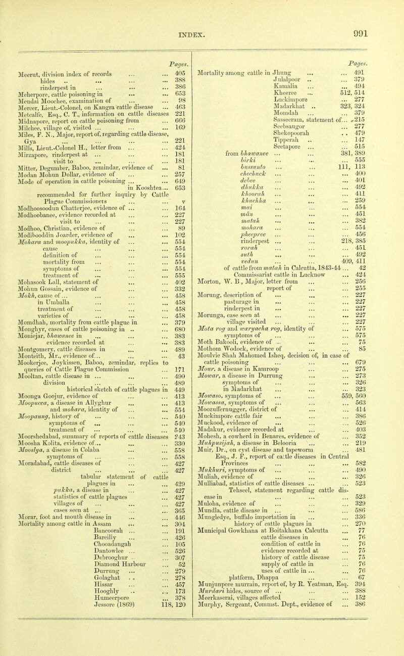 Pages. Meerut, division index of records ... ... 405 hides .. ... ••• ••■ 388 rinderpest in ... ••• ... 386 Meherpore, cattle poisoning in ... ... 653 Mendai Moochee, examination of ... ... 98 Mercer, Lieut.-Colonel, on Kangra cattle disease ... 463 Metcalfe, Esq., C. T., information on cattle diseases 221 Midnapore, report on cattle poisoning from ... 666 Milchee, village of, visited ... ... ... 169 Miles, F. N., Major, report of, regarding cattle disease, Gya ... ... 221 Mills, Lieut-Colonel H., letter from ... ... 424 Mirzapore, rinderpest at ... ... ... 181 visit to ... ... ... 181 Mitter, Degumber, Baboo, zemindar, evidence of ... 81 Modan Mohun Dollar, evidence of ... ... 257 Mode of operation in cattle poisoning ... ... 649 in Kooshtea... 653 recommended for further inquiry by Cattle Plague Commissioners ... ... v Modhoosoodun Chatterjee, evidence of ... ... 164 Modhoobanee, evidence recorded at ... ... 227 visit to ... ... ... 227 Modhoo, Christian, evidence of ... ... 89 Modibooddin Joarder, evidence of ... ... 102 Mohara and moopukka, identity of ... ... 554 cause ... ... ... 554 definition of ... ... ... 554 mortality from ... ... ... 554 symptoms of ... ... ... 554 treatment of ... ... ... 555 Mohasook Lall, statement of ... ... 402 Mohun Gossain, evidence of ... ... 332 Mokh, cause of... ... ... ... 458 in Umballa ... ... ... 458 treatment of ... ... ... 458 varieties of ... ... ... 458 Momdhah, mortality from cattle plague in ... 379 Monghyr, cases of cattle poisoning in .. ... 680 Moniejar, bhawanee iu ... ... ... 383 evidence recorded at ... ... 383 Montgomery, cattle diseases in ... ... 489 Monteith, Mr., evidence of... ... ... 43 Mookerjee, Joykissen, Baboo, zemindar, replies to queries of Cattle Plague Commission ... 171 Mooltan, cattle disease in ... ... ... 490 division ... ... ... 489 historical sketch of cattle plagues in 449 Moonga Goojur, evidence of ... ... 413 Moopucca, a disease in Allyghur ... ... 413 and mohara, identity of ... ... 554 Moopaung, history of ... ... ... 540 symptoms of ... ... ... 540 treatment of ... ... ... 540 Moorshedabad, summary of reports of cattle diseases 243 Moosha Kolita, evidence of... ... ... 330 Mooslya, a disease in Colaba ... ... 558 symptoms of ... ... ... 558 Moradabad, cattle diseases of ... ... 427 district ... ... ... 427 tabular statement of cattle plagues in ... ... 429 pukka, a disease in ... ... 427 statistics of cattle plagues ... 427 villages of ... ... ... 427 cases seen at ... ... ... 365 Morar, foot and mouth disease in ... ... 446 Mortality among cattle in Assam ... ... 304 Bancoorah ... ... 191 Bareiliy ... ... 426 Chooadangah ... 105 Dantowlee ... ... 526 Dcbrooghur ... 307 Diamond Harbour ... 52 Durrung ... ... 279 Golaghat . , ... 278 Hissar ... ... 457 Hooghly .. ... 173 Humeerpore ... 378 Jessore (1869) 118, 120 Pages. Mortality among cattle in Jhung ... ... 491 Julalpoor .. ... 379 Kamalia ... ... 494 Kheeree ... 512, 514 Luckimpore ... 277 Madarkhat .. 323, 324 Momdah ... ... 379 Sasseeram, statement of... *-215 Seebsaugor ... 277 Shekopoorah . . 479 Tipperah .. ... 147 Seetapore ... ... 515 from bhaioanee ... ... 381, 389 birki ... ... ... 555 bussunto ... ... Ill, 113 chechuck ... ... ... 400 debee ... ... ... 401 dhukka ... ... ... 492 khoorah ... ... ... 411 Ichuchha. ... ... ... 259 mai ... ... ... 554 man ... ... ... 451 matah ... ... ... 382 mohara ... ... ... 554 pheepree ... ... ... 456 rinderpest ... ... 218, 385 rorah ... ... ... 451 suth ... ... ... 492 vedun ... ... 409, 411 of cattle from m a tali in Calcutta, 1843-44 ... 42 Commissariat cattle in Lucknow ... 424 Morton, W. B , Major, letter from ... ... 256 report of ... ... 255 Morung, description of ... ... ... 227 pasturage in ... ... ... 227 rinderpest in ... ... ... 227 Morunga, case seen at ... ... ... 227 village visited ... ... ... 227 Mota rog and ivaryaclia rog, identity of ... 575 symptoms of ... ... ... 575 Moth Bakooli, evidence of .. ... ... 75 Mothom Wodock, evidence of ... ... 85 Moulvie Shah Mahomed Isheq, decision of, in case of cattle poisoning ... ... ... 679 Mour, a disease in Kamroop ... ... 275 llotvar, a disease in Durrung ... ... 273 symptoms of ... ... ... 326 in Madarkhat ... ... ... 323 Mowaso, symptoms of ... ... 559, 560 Mowassa, symptoms of ... ... ... 563 Moozuffernugger, district of ... ... 414 Muckimpore cattle fair ... ... ... 386 Muckood, evidence of ... ... ... 526 Madakur, evidence recorded at ... ... 403 Mohesh, a cowherd in Benares, evidence of ... 352 Muhpusijah, a disease in Belooria ... ... 219 Muir, Dr., on cyst disease and tapeworm ... 481 Esq., J. P., report of cattle diseases in Central Provinces ... ... ... 582 Mukhuri, symptoms of ... ... ... 490 Muliah, evidence of ... ... ... 326 Mulliabad, statistics of cattle diseases ... ... 523 Tehseel, statement regarding cattle dis- ease in ... ... ... 523 Muloha, evidence of ... ... ... 329 Mundla, cattle disease in ... ... ... 586 Mungledye, buffalo importation in ... ... 336 history of cattle plagues in ... 270 Municipal Gowkhana at Boitakhana Calcutta ... 77 cattle diseases in ... 76 condition of cattle in ... 76 evidence recorded at ... 75 history of cattle disease ... 75 supply of cattle in ... 76 uses of cattle in ... ... 76 platform, Dhappa ... ... 67 Munjunpore murrain, report of, by E. Yeatman, Esq. 394 Murdari hides, source of ... ... ... 388 Meerkaserai, villages affected ... ... 152 Murphy, Sergeant, Commst. Dept., evidence of ... 386