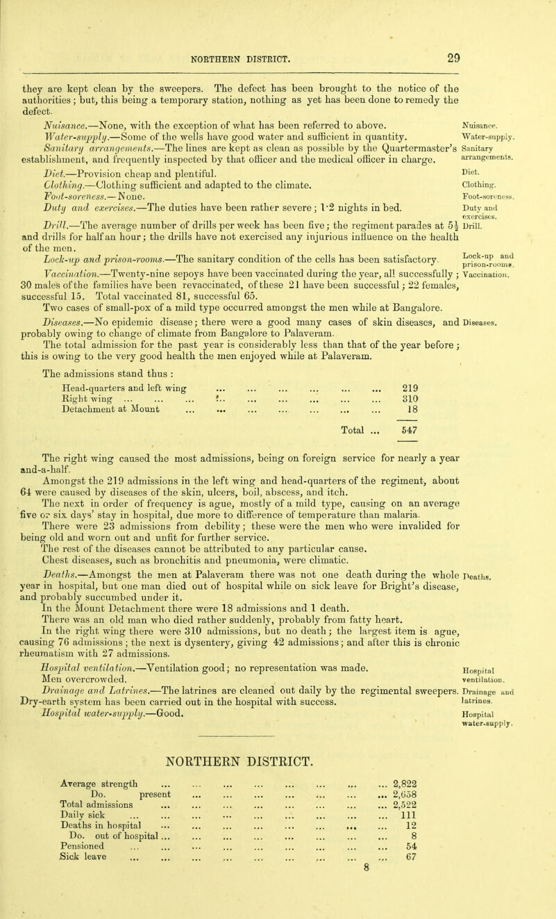 they are kept clean by the sweepers. The defect has been brought to the notice of the authorities ; but^ this being a temporary station, nothing as yet has been done to remedy the defect. Nuisance.—None, with the exception of what has been referred to above. Nuisance. Water-supply.—Some of the wells have good water and sufficient in quantity. Water-supply. Sanitary arrangements.—The lines are kept as clean as possible by the Quartermaster's Sanitary establishment, and frequently inspected by that officer and the medical officer in charge. arrangements. Diet.—Provision cheap and plentiful. I^i^t- Clothing.—Clothing sufficient and adapted to the climate. Clothing. Foot-soreness.—None. Foot-soreness. Duty and exercises.—The duties have been rather severe ; 1'2 nights in bed. Duty and exercises. Dr'ill.—The average number of drills per week has been five; the regiment parades at 5| Drill, and drills for half an hour; the drills have not exercised any injurious influence on the health of the men. Lock-up and prison-rooms.—The sanitary condition of the cells has been satisfactory. Lock-up and Jr Jr J J prison-room g. Vaccination.—Twenty-nine sepoys have been vaccinated during the year, all successfully ; Vaccination. 30 males of the families have been revaccinated, of these 21 have been successful; 22 females, successful 15. Total vaccinated 81, successful 65. Two cases of small-pox of a mild type occurred amongst the men while at Bangalore. Diseases.—No epidemic disease; there were a good many cases of skin diseases, and Diseases, probably owing to change of climate from Bangalore to Palaveram. The total admission for the past year is considerably less than that of the year before; this is owing to the very good health the men enjoyed while at Palaveram. The admissions stand thus : Head-quarters and left wing ... ... ... ... ... ... 219 Right wing *. 310 Detachment at Mount ... ... ... .... ... ... ... 18 Total ... S4.7 The right wing caused the most admissions, being on foreign service for nearly a year and-a-half. Amongst the 219 admissions in the left wing and head-quarters of the regiment, about 64 were caused by diseases of the skin, ulcers, boil, abscess, and itch. The next in order of frequency is ague, mostly of a mild type, causing on an average five or six days' stay in hospital, due more to difference of temperature than malaria. There were 23 admissions from debility; these were the men who were invalided for being old and worn out and unfit for further service. The rest of the diseases cannot be attributed to any particular cause. Chest diseases, such as bronchitis and pneumonia, were climatic. Deaths.—Amongst the men at Palaveram there was not one death during the whole Deaths, year in hospital, but one man died out of hospital while on sick leave for Bright^s disease, and probably succumbed under it. In the Mount Detachment there were 18 admissions and 1 death. There was an old man who died rather suddenly, probably from fatty heart. In the right wing there were 310 admissions, but no death; the largest item is ague, causing 76 admissions ; the next is dysentery, giving 42 admissions; and after this is chronic rheumatism with 27 admissions. Hospital ventilation.—Ventilation good; no representation was made. Hospital Men overcrowded. ventilatioD. Drainage and Latrines.—The latrines are cleaned out daily by the regimental sweepers. Drainage und Dry-earth system has been carried out in the hospital with success. latrines. Hospital water-supply.—Good. Hospital ■water-supply. NORTHERN DISTRICT. Average strength ... ... ... ... ... ... ... ... 2,822 Do. present ... ... ... ... ... ... ... 2,G58 Total admissions ... 2,522 Daily sick ... ... ... ... ... ... ... ... ... Ill Deaths in hospital ... ... ... ... ... ... ... ... 12 Do. out of hospital ... ... ... ... ... ... ... ... 8 Pensioned ... ... ... ... ... ... ... ... ... 54 Sick leave 67 8
