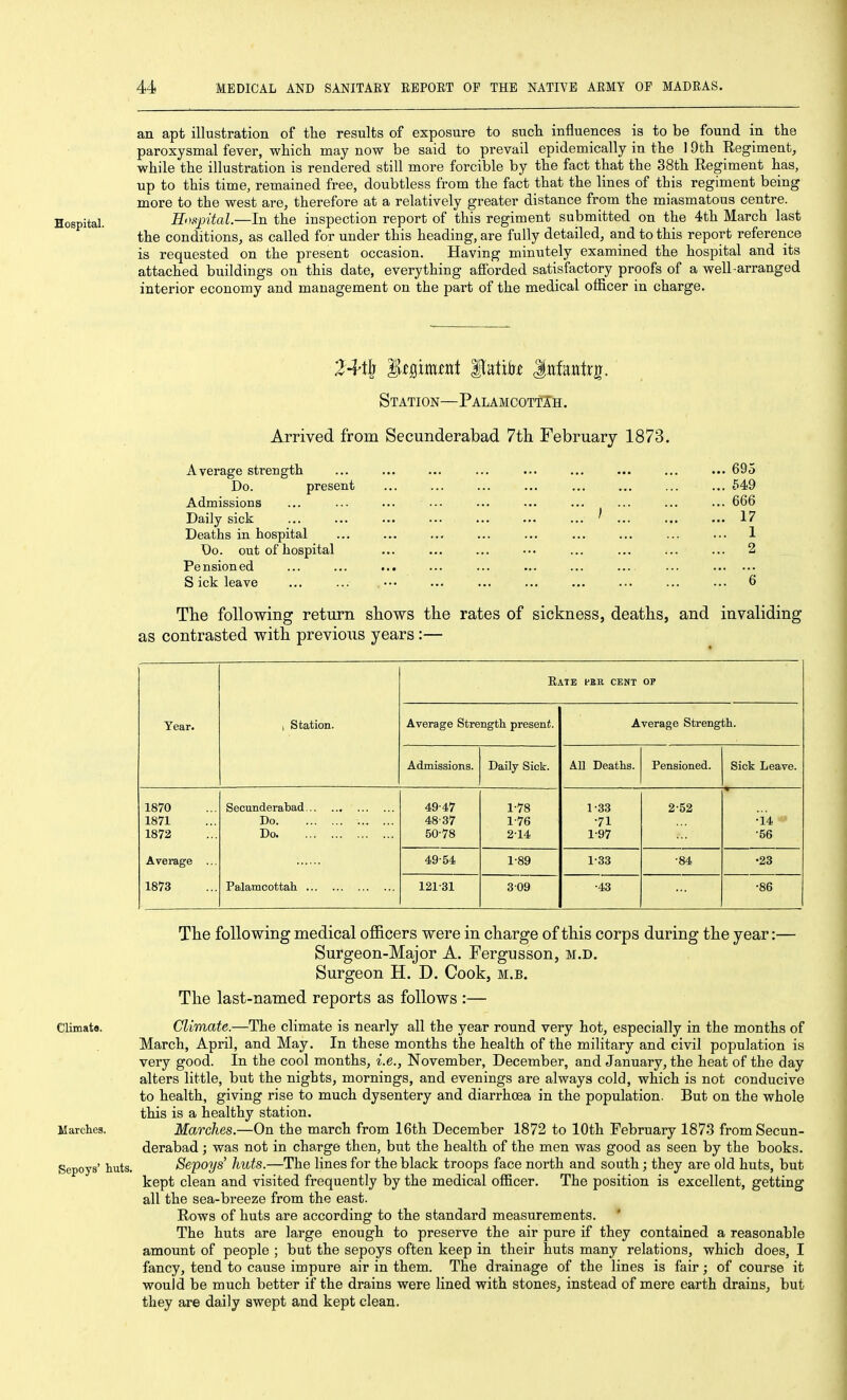 an apt illustration of the results of exposure to such influences is to be found in the paroxysmal fever, whicli may now be said to prevail epidemically in the 19th Regiment^ while the illustration is rendered still more forcible by the fact that the 38th Regiment has, up to this time, remained free, doubtless from the fact that the lines of this regiment being more to the west are, therefore at a relatively greater distance from the miasmatous centre. HiKipital.—In the inspection report of this regiment submitted on the 4th March last the conditions, as called for under this heading, are fully detailed, and to this report reference is requested on the present occasion. Having minutely examined the hospital and its attached buildings on this date, everything afforded satisfactory proofs of a well-arranged anterior economy and management on the part of the medical officer in charge. Station—PALAMCOTfTH. Arrived from Secunderabad 7th. February 1873. Average strength ... ... ... ... ... ... ... ... ... 695 Do. present ... ... ... ... ... ... ... ... 549 Admissions ... ... ... •-• •.. ••• ... ... ... ... 666 Daily sick ... ... ... ... ... ... ... ' ... ... ... 17 Deaths in hospital ... ... ... ... ... ... ... ... ... 1 Do. out of hospital ... ... ... ... ... ... ... ... 2 Pensioned ... ... ... ... ... ... ... ... ... S ick leave ... ... ••• ... ... ... ... ... ... ... 6 The following return shows the rates of sickness, deaths, and invaliding as contrasted with previous years:— Year. 1 Station. Bate ffia cent of Average Strength preseni. Average Strength. Admissions. Daily Sick. AU Deaths. Pensioned. Sick Leave. 1870 1871 1872 Average 1873 Secunderabad Do Do Palamcottah 49- 47 48-37 50- 78 1-78 1- 76 2- 14 1-33 •71 1-97 2-52 •14 ■56 49-54 1-89 1-33 •84 •23 121-31 3-09 ■43 •86 The following medical officers were in charge of this corps during the year:— Surgeon-Major A. Fergusson, m.d. Surgeon H. D. Cook, m.b. The last-named reports as follows :— Climate.—The climate is nearly all the year round very hot, especially in the months of March, April, and May. In these months the health of the military and civil population is very good. In the cool months, i.e., November, December, and January, the heat of the day alters little, but the nights, mornings, and evenings are always cold, which is not conducive to health, giving rise to much dysentery and diarrhcea in the population. But on the whole this is a healthy station. Marches.—On the march from 16th December 1872 to 10th February 1873 from Secun- derabad ; was not in charge then, but the health of the men was good as seen by the books. Sepoys' huts.—The lines for the black troops face north and south; they are old huts, but kept clean and visited frequently by the medical officer. The position is excellent, getting all the sea-breeze from the east. Rows of huts are according to the standard measurements. * The huts are large enough to preserve the air pure if they contained a reasonable amount of people ; but the sepoys often keep in their huts many relations, which does, I fancy, tend to cause impure air in them. The drainage of the lines is fair; of course it would be much better if the drains were lined with stones, instead of mere earth drains, but they are daily swept and kept clean. Climats. Marches. Sepoys' huts.