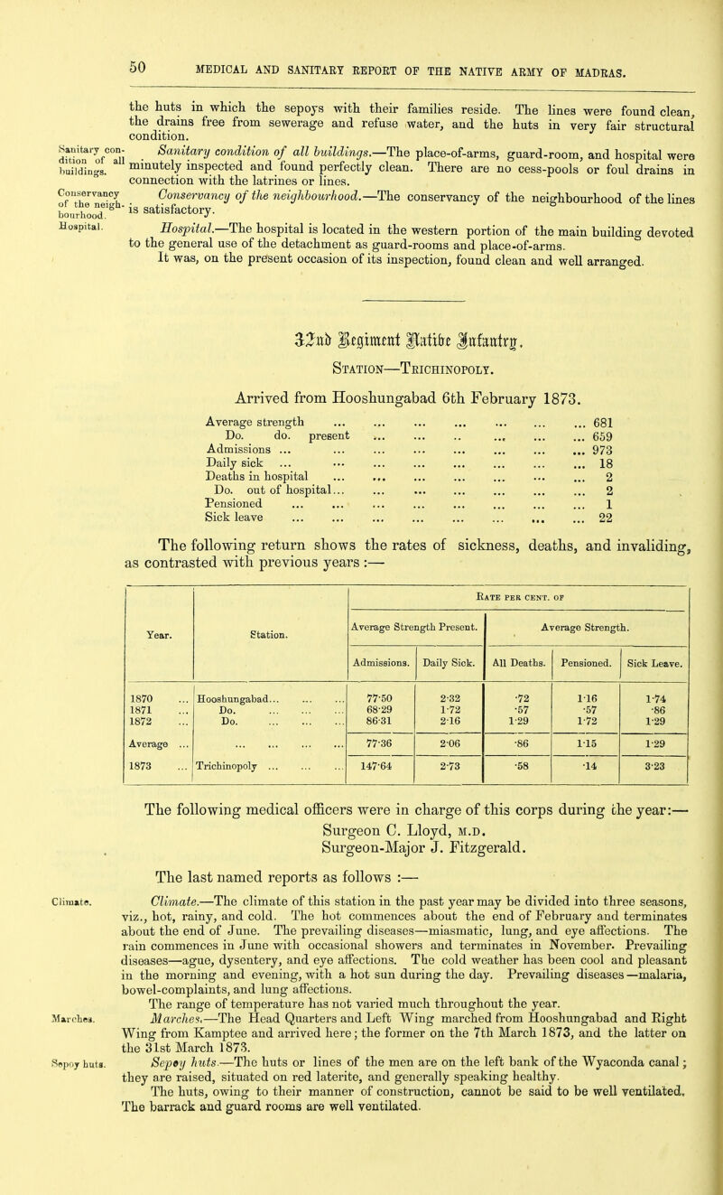 the huts in which the sepoys with their families reside. The lines were found clean, the drains free from sewerage and refuse water, and the huts in very fair structural condition. dS'of* n • ^^''^^^^'^y condition of all buildings.—The place-of-arms, guard-room, and hospital were huHdings. ^ minutely inspected and found perfectly clean. There are no cess-pools or foul drains in connection with the latrines or lines. Conservancy Gonservancy of the neighbourhood.—The conservancy of the neighbourhood of the lines bou'hlT^ is satisfactory. Hospital. Hospital—The hospital is located in the western portion of the main building devoted to the general use of the detachment as guard-rooms and place-of-arms. It was, on the present occasion of its inspection, found clean and well arranged. Station—Teichinopoly. Arrived from Hooshungabad 6th February 1873. Average strength ... ... ... ... ... ... ... 681 Do. do. present ... 659 Admissions ... ... ... ... ... ... ... ... 973 Daily sick ... ... ... ... ... ... ... ... 18 Deaths in hospital ... ... ... ... ... ... ... 2 Do. out of hospital... ... ... ... ... ... ... 2 Pensioned ... ... ... ... ... ... ... ... 1 Sick leave ... ... ... ... ... ... ... ... 22 The following return shows the rates of sickness, deaths, and invaliding, as contrasted with previous years :— Year. Station. Eate pek cent. OF Average Strength Present. Average Strength. Admissions. Daily Sick. All Deaths. Pensioned. Sick Leave. 1870 Hooshungabad... „. 77-50 2-32 •72 1-16 1-74 1871 Do 68-29 1-72 •57 ■57 -86 1872 Do 86-31 2-16 1-29 1-72 1-29 Average .,. 1873 Trichinopoly ... 77-36 206 -86 115 129 147-64 2-73 ■58 •14 3-23 The following medical officers were in charge of this corps during the year:— Surgeon C. Lloyd, m.d. Surgeon-Major J. Fitzgerald. The last named reports as follows :— Climate. Climate.—The climate of this station in the past year may be divided into three seasons, viz., hot, rainy, and cold. The hot commences about the end of February and terminates about the end of June. The prevailing diseases—miasmatic, lung, and eye affections. The rain commences in June with occasional showers and terminates in November. Prevailing diseases—ague, dysentery, and eye affections. The cold weather has been cool and pleasant in the morning and evening, with a hot sun during the day. Prevailing diseases —malaria, bowel-complaints, and lung affections. The range of temperature has not varied much throughout the year. Marches. Marches,—The Head Quarters and Left Wing marched from Hooshungabad and Eight Wing from Kamptee and arrived here; the former on the 7th March 1873, and the latter on the 31st March 1873. Sepoy huts. Sepey huts.—The huts or lines of the men are on the left bank of the Wyaconda canal; they are raised, situated on red laterite, and generally speaking healthy. The huts, owing to their manner of construction, cannot be said to be well ventilated. The barrack and guard rooms are well ventilated.