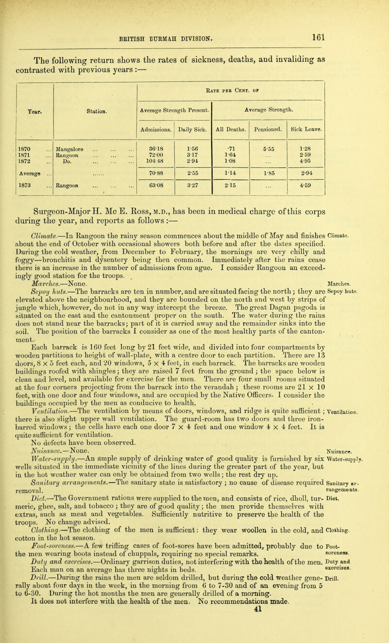 The following return shows the rates of sickness, deaths, and invaliding as contrasted with previous years :— Rate pbe Cent. OP Tear. Station. Average Strength Present. Average Strength. Admissions. Daily Sick. AU Deaths. Pensioned. Sick Leave. 1870 1871 1872 Mangalore Rangoon Do. 36'18 72-00 104-48 1- 56 3-17 2- 94 •71 1-64 1-08 5-55 1- 28 2- 59 4-95 Average ... 70-88 2-55 1-14 1-85 2-94 1873 Rangoon 63-08 3-27 2-15 4-59 Surgeon-Major H, Mc E. Ross, m.d., has been in medical charge of this corps during the year, and reports as follows :— Climate.—la Rangoon the rainy season commences about tlie middle of May and finishes Climate, about the end of October with occasional showers both before and after the dates specified. During the cold weather, from December to February, the mornings are vei-y chilly and foggy—bronchitis and dysentery being then common. Immediately after the rains cease there is an increase in the number of admissions from ague. I consider Rangoon an exceed- ingly good station for the troops. Marches.—None. Marche.^. Sepoy huts.—The barracks are ten in number, and are situated facing the north; they are Sepoy huts, elevated above the neighbourhood, and they are bounded on the north and west by strips of jungle which, however, do not in any way intercept the breeze. The great Dagan pagoda is situated on the east and the cantonment proper on the south. The water during the rains does not stand near the barracks; part of it is carried away and the remainder sinks into the soil. The position of the barracks I consider as one of the most healthy parts of the canton- ment.- Each barrack is 160 feet long by 21 feet wide, and divided into four compartments by wooden partitions to height of wall-plate, with a centre door to each partition. There are 13 doors, 8x5 feet each, and 20 windows, 5 xfeet, in each barrack. The barracks are wooden buildings roofed with shingles; they are raised 7 feet from the ground; the space below is clean and level, and available for exercise for the men. There are four small rooms situated at the four corners projecting from the barrack into the verandah ; these rooms are 21x10 feet, with one door and four windows, and are occupied by the Native Officers. I consider the buildings occupied by the men as conducive to health. Ventilation.—The ventilation by means of doors, windows, and ridge is quite sufficient ; Ventilation, there is also slight upper wall ventilation. The guard-room has two doors and three iron- barred windows; the cells have each one door 7x4! feet and one window 4x4 feet. It is quite sufficient for ventilation. No defects have been observed. Nuisance. — None. Nuisance. Water-supfly.—An ample supply of drinking water of good quality is furnished by six Water-supply, wells situated in the immediate vicinity of the lines during the greater part of the year, but in the hot weather water can only be obtained from two wells; the rest dry up. Sanitary arrangements.—The sanitary state is satisfactory ; no cause of disease required Sanitaiy ar- removal. rangements. Diet.—The Government rations were supplied to the men, and consists of rice, dhoU, tur- Diet, meric, ghee, salt, and tobacco ; they are of good quality ; the men provide themselves with extras, such as meat and vegetables. Sufficiently nutritive to preserve the health of the troops. No change advised. Clothing.—The clothing of the men is sufficient: they wear woollen in the cold, and Clothing, cotton in the hot season. Foot-soreness.—A few trifling cases of foot-sores have been admitted,, probably due to Foot- the men wearing boots instead of chuppals, requiring no special remarks. soreness. Duttj and exercises.—Ordinary garrison duties, not interfering with the health of the men. Duty and Each man on an average has three nights in beds. Drill.—During the rains the men are seldom drilled, but during the cold weather gene- Drill, rally about four days in the week, in the morning from 6 to 7-30 and of an evening from 5 to 6-30. During the hot months the men are generally drilled of a morning. It does not interfere with the health of the men. No recommendations made. 41 exercises.