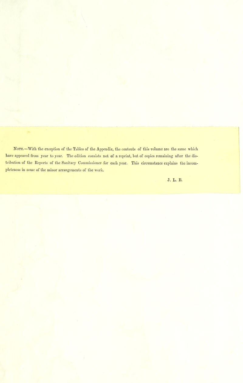 \ Note.—Witli the exception of the Tables of the Appendix, the contents of this volume are the same which have appeared from year to year. The edition consists not of a reprint, hut of copies remaining after the dis- tribution of the Reports of the Sanitary Commissioner for each year. This circumstance explains the incom- pleteness in some of the minor arrangements of the work, J. L. B. 1