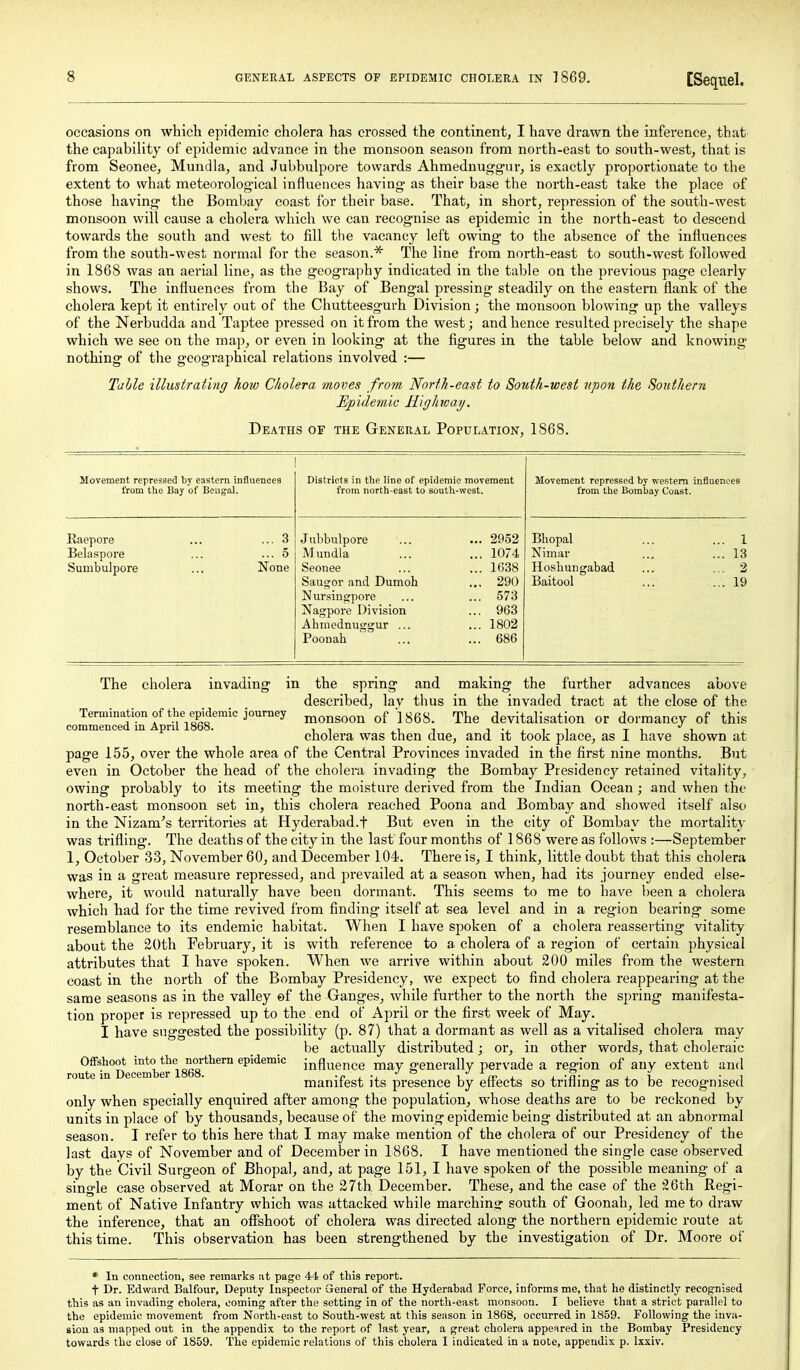 occasions on which epidemic cholera has crossed the continent, I have drawn the inference, that the capability of epidemic advance in the monsoon season from north-east to south-west, that is from Seonee, Mundla, and Jubbulpore towards Ahmednuggur, is exactly proportionate to the extent to what meteorological influences having as their base the north-east take the place of those having the Bombay coast for their base. That, in short, repression of the south-west monsoon will cause a cholera which we can recognise as epidemic in the north-east to descend towards the south and west to fill the vacancy left owing to the absence of the influences from the south-west normal for the season.* The line from north-east to south-west followed in 1868 was an aerial line, as the geography indicated in the table on the previous page clearly shows. The influences from the Bay of Bengal pressing steadily on the eastern flank of the cholera kept it entirely out of the Chutteesgurh Division; the monsoon blowing up the valleys of the Nerbudda and Taptee pressed on it from the west; and hence resulted precisely the shape which we see on the map, or even in looking at the figures in the table below and knowing nothing of the geographical relations involved :— Table illustrating how Cholera moves from North-east to South-west upon the Southern Epidemic Highway. Deaths of the General Population, 1868. Movement repressed by eastern influences from the Bay of Bengal. Districts in the line of epidemic movement from north-east to south-west. Movement repressed by western influences from the Bombay Coast. Raepore ... ... 3 Bela spore ... ... 5 Suaibulpore ... None Jubbulpore ... ... 2952 Mundla ... ... 1074 Seonee ... ... 1638 Saugor and Dumoh ... 290 Nursingpore ... ... 573 Nagpore Division ... 963 Ahniednuggur ... ... 1802 Poonah ... ... 686 Bhopal ... ... 1 Nimar .., ... 13 Hoshungabad ... ... 2 Baitool ... ... 19 The cholera invading in the spring and making the further advances above described, lav thus in the invaded tract at the close of the Termination of the epidemic journey ^onsoon of 1868. The devitalisation or dormancy of this commenced in April I808. ^, , ti ^ cholera was then due, and it took place, as 1 have shown at page 155, over the whole area of the Central Provinces invaded in the first nine months. But eveu in October the head of the cholera invading the Bombay Presidencj^ retained vitality, owing probably to its meeting the moisture derived from the Indian Ocean; and when the north-east monsoon set in, this cholera reached Poona and Bombay and showed itself also in the Nizam^s territories at Hyderabad.f But even in the city of Bombay the mortality was trifling. The deaths of the city in the last four months of 1868 were as follows :—September 1, October 33, November 60, and December 104. There is, I think, little doubt that this cholera was in a great measure repressed, and prevailed at a season when, had its journey ended else- where, it would naturally have been dormant. This seems to me to have been a cholera which had for the time revived from finding itself at sea level and in a region bearing some resemblance to its endemic habitat. When I have spoken of a cholera reasserting vitality about the 20th February, it is with reference to a cholera of a region of certain physical attributes that I have spoken. When we arrive within about 200 miles from the western coast in the north of the Bombay Presidency, we expect to find cholera reappearing at the same seasons as in the valley ef the Ganges, while further to the north the spring manifesta- tion proper is repressed up to the. end of April or the first week of May. I have suggested the possibility (p. 87) that a dormant as well as a vitalised cholera may be actually distributed; or, in other words, that choleraic Oifshoot into the northern epidemic influence may generally pervade a region of any extent and route in December 1868. i. -i. u a- 4. i. ^ il • i manliest its presence by ettects so trifling as to be recognised only when specially enquired after among the population, whose deaths are to be reckoned by units in place of by thousands, because of the moving epidemic being distributed at an abnormal season. I refer to this here that I may make mention of the cholera of our Presidency of the last days of November and of December in 1868. I have mentioned the single case observed by the Civil Surgeon of Bhopal, and, at page 151, I have spoken of the possible meaning of a single case observed at Morar on the 27th December. These, and the case of the 26th Regi- ment of Native Infantry which was attacked while marching south of Goonah, led me to draw the inference, that an oflfehoot of cholera was directed along the northern epidemic route at this time. This observation has been strengthened by the investigation of Dr. Moore of * In connection, see remarks at page 44 of this report. t Dr. Edward Balfour, Deputy Inspector General of the Hyderabad Force, informs me, that he distinctly recognised this as an invading cholera, coming after the setting in of the north-east monsoon. I believe that a strict parallel to the epidemic movement from North-east to South-west at this season in 1868, occurred in 1859. Following the inva- sion as mapped out in the appendi.^ to the report of last year, a great cholera appeared in the Bombay Presidency towards the close of 1859. The epidemic relations of this cholera I indicated in a note, appendix p. Ixxiv.