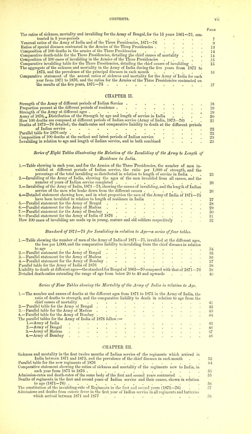 Page The ratios of sickness, mortality and invaliding for the Army of Bengal, for the 15 years 1861—75, con- trasted in 5 year-periods 7 Venereal ratios of the Army of India and of the Three Presidencies, 1871—76 9 Eatios of special diseases contrasted in the Armies of the Three Presidencies ...... 13 Composition of 100 deaths in the armies of the Three Presidencies ....... 14 Comparative death-table for the Three Presidencies, detailing Jhe chief causes of mortality ... 14 Composition of 100 cases of invaliding in the Armies of the Three Presidencies . . . . . 15 Comparative invaliding table for the Three Presidencies, detailing the chief causes of invaliding . . 15 The aggregate of the sickness and mortality in the Army of India during the five years from 1871 to 1875, and the prevalence of the principal diseases in each month ...... 16 Comparative statement of the annual ratios of sickness and mortality for the Army of India for each year from 1871 to 1876, and the ratios for the Ai'mies of the Three Presidencies contrasted on the results of the five years, 1871—75 17 CHAPTER II. Strengtli of the Army of different periods of Indian Service .18 Proportion present at the different periods of residence 19 Strength of the Army at different ages 19 Army of 1876.Distribution of the Strength by age and length of service in India . . . . 20 How 100 deaths are composed at different periods of Indian service (Army of India, 1873—76) . . 21 Deaths of 1873—76 detailed; the death-rates and comparative liability to death at the different periods of Indian service 22 Parallel table for 1876 only . 22 Composition of 100 deaths at the earliest and latest periods of Indian service ..... 23 Invaliding in relation to age and length of Indian service, and to both combined .... 23 Series of Eight Tables illustrating tTie delation of the Invaliding of the Army to Length of Residence in India. 1. —Table showing in each year, and for the Armies of the Three Presidencies, the number of men in- valided at different periods of Indian service, the ratio per 1,000 of strength, and the percentage of the total invaliding as distributed in relation to length of service in India . . 25 2. —Invaliding of the Army of India, showing the ages of the men invalided from all causes, and the number of years of Indian service completed .......... 26 3. —Invaliding of the Army of India, 1871—75, showing the causes of invaliding, and the length of Indian service of the men who broke down from the different causes ....... 26 4. —Detailed statement showing how, and in what proportion the men of the Army of India of 1871—75 have been invalided in relation to length of residence in India . , 27 6.—Parallel statement for the Army of Bengal 28 6. —Parallel statement for the Army of Madras . .29 7. —Parallel statement for the Army of Bombay , . . . 30 8. —Parallel statement for the Army of India of 1876 . 31 How 100 cases of invaliding are made up in young, mature and old soldiers respectively ... 33 Standard of 1811—15 for Invaliding in relation to Age—a series of four tables. 1. —Table showing the number of men of the Army of India of 1871—75, invalided at the different ages, the loss per 1,000, and the comparative liability to invaliding from the chief diseases in relation to age 34 2. —Parallel statement for the Army of Bengal ........... 35 3. —Parallel statement for the Army of Madras 36 4. —Parallel statement for the Army of Bombay ........... 37 Parallel table for the Army of India of 1876 38 L lability to death at different ages—the standard for Bengal of 1865—70 compared with that of 1871—76 39 Detailed death-ratios extending the range of age from below 20 to 40 and upwards .... 40 Series of Four Tables shoioing the Mortality of the Army of India in relation to Age. 1. —The number and causes of deaths at the different ages from 1871 to 1875 in the Army of India, the ratio of deaths to strength, and the comparative liability to death in relation to age from the chief causes of mortality ............. 41 2. —Parallel table for the Army of Bengal 42 3. —Parallel table for the Army of Madras 43 4. —Parallel table for the Army of Bombay ............ 44 The parallel tables for the Army of India of 1876 follow:— 1. —Army of India 45 2. —Army of Bengal 46 3. —Army of Madras . 47 4. —Army of Bombay 48 CHAPTEE III. Sickness and mortality in the first twelve months of Indian service of the regiments which arrived in India between 1871 and 1875, and the prevalence of the chief diseases in each month . . 52 Parallel table for the new regiments of 1876 ........... 54 Comparative statement showing the ratios of sickness and mortality of the regiments new to India, in each year from 1871 to 1876 . 53 Admission-rates and death-rates of the same body of the first and second years contrasted ... 55 Deaths of regiments in the fii'st and second years of Indian service and their causes, shown in relation to age (1871—76) ! . 56 The constitution of the invahding-rate of Eegiments in the first and second years (1871—76) . . 57 Admissions and deaths from enteric fever in the first year of Indian service in all regiments and batteries which arrived between 1871 and 1877 58 .