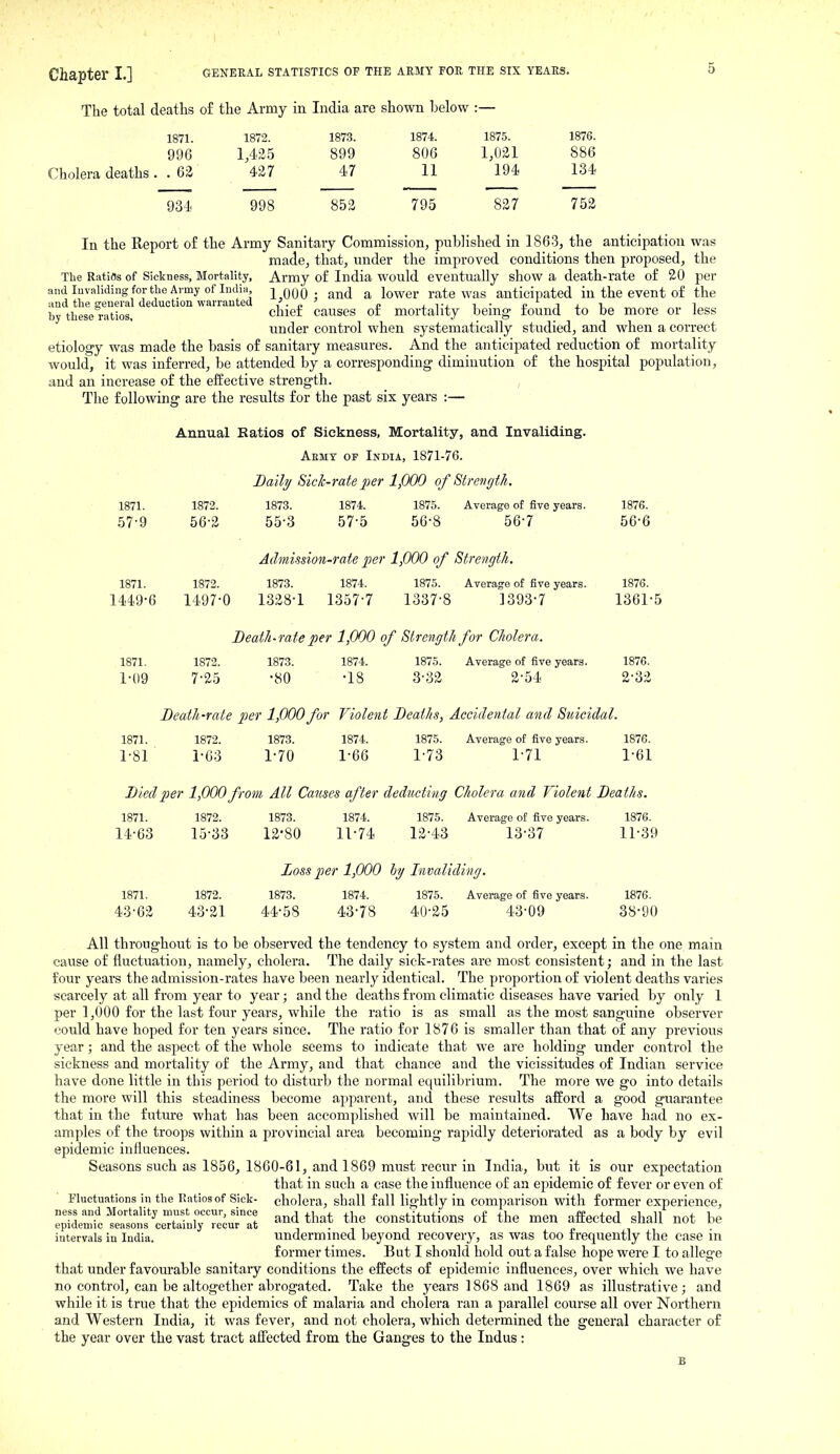 1872. 1,435 427 1873. 899 47 1874. 806 11 1875. 1,021 194 1876. 886 134 998 853 795 837 752 The total deaths o£ the Army in India are shown l^elow 1871. 996 Cholera deaths . . 62 934 In the Report of the Army Sanitary Commission, published in 1863, the anticipation was made, that, under the improved conditions then proposed, the The Ratios of Sickness, Mortality, Army of India would eventually show a death-rate of 20 per and Invaliding for the Ai-my of India ]^ QOO : and a lower rate was anticipated in the event of the and the general deduction warranted ,.o o j.tj.i- i? ji.T, n by these ratios, chief causes 01 mortality being found to be more or less under control when systematically studied, and when a correct etiology was made the basis of sanitary measures. And the anticipated reduction of mortality would, it was inferred, be attended by a corresponding diminution of the hospital population, and an increase of the effective strength. The following are the results for the past six years :— Annual Ratios of Sickness, Mortality, and Invaliding. Aemy of India, 1871-76. Bally Sick-rate per 1,000 of Strength, 1871. 1872. 1873. 1874. 1875. Average of five years. 1876. 57-9 56-2 55-3 57-5 56-8 567 56-6 Admission-rate per 1,000 of Strength. 1871. 1872. 1873. 1874. 1875. Average of five years. 1876. 1449-6 1497-0 1338-1 1357-7 1337-8 1393-7 1361-5 Death-rate per 1,000 of Strength for Cholera. 1871. 1872. 1873. 1874. 1875. Average of five years. 1876. 1-09 7-25 -80 -18 3-32 2-54 2-32 Death-rate per 1,000for Violent Deaths, Aecidental and Suicidal. 1871. 1872. 1873. 1874. 1875. Average of five years. 1876. 1-81 1-63 1-70 1-66 1-73 1-71 1-61 Died per 1,000from All Caiises after deducting Cholera and Violent Deaths. 1871. 1872. 1873. 1874. 1875. Average of five years. 1876. 14-63 15-33 13-80 11-74 12-43 13-37 11-39 Loss per 1,000 hy Invaliding. 1871. 1872. 1873. 1874. 1875. Average of five years. 1876. 43-62 43-21 44-58 43-78 40-35 43-09 38-90 All throughout is to be observed the tendency to system and order, except in the one main cause of fluctuation, namely, cholera. The daily sick-rates are most consistent; and in the last four years the admission-rates have been nearly identical. The proportion of violent deaths varies scarcely at all from year to year; and the deaths from climatic diseases have varied by only 1 per 1,000 for the last four years, while the ratio is as small as the most sanguine observer could have hoped for ten years since. The ratio for 1876 is smaller than that of any previous year; and the aspect of the whole seems to indicate that we are holding under control the sickness and mortality of the Army, and that chance and the vicissitudes of Indian service have done little in this period to disturb the normal equilibrium. The more we go into details the more will this steadiness become apparent, and these results afford a good guarantee that in the future what has been accomplished will be maintained. We have had no ex- amples of the troops within a provincial area becoming rapidly deteriorated as a body by evil epidemic influences. Seasons such as 1856, 1860-61, and 1869 must recur in India, but it is our expectation that in such a case the influence of an epidemic of fever or even of Fluctuations in the Ratios of Sick- cholera, shall fall lightly in comparison with former experience, -dthat the constitutions of the men affected shall not be intervals in India. undermined beyond recovery, as was too frequently the case in former times. But I should hold out a false hope were I to allege that under favourable sanitaiy conditions the effects of epidemic influences, over which we have no control, can be altogether abrogated. Take the years 1868 and 1869 as illustrative; and while it is true that the epidemics of malaria and cholera ran a parallel course all over Northern and Western India, it was fever, and not cholera, which determined the general character of the year over the vast tract afl'ected from the Ganges to the Indus :