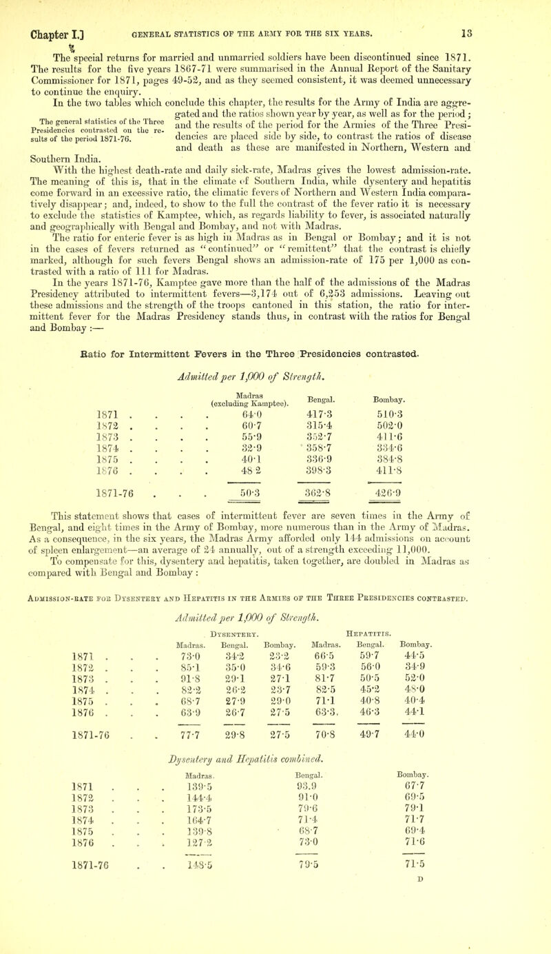 % . . ... The special returns for married and unmarried soldiers have been discontinued since 1871. The results for the five years 1867-71 were summarised in the Annual Report of the Sanitary Commissioner for 1871, pages 49-52, and as they seemed consistent, it was deemed unnecessary to continue the enquiry. In the two tables which conclude this chapter, the results for the Army of India are aggre- gated and the ratios shown year by year, as well as for the period; The general slatistics of the Three ^j^g ^.^g^^j^^ o£ tj^g -^^ f^^. Armies of the Three Presi- Presidencica coutrastca ou the re- , . , i ■ -i ± j_ j_ ±^ j- o t suits of the period 1871-76. dencies are placed side by side, to contrast the ratios or disease and death as these are manifested in Northern, Western and Southern India. With the higliest death-rate and daily sick-rate, Madras gives the lowest admission-rate. The meaning of this is, that in the climate cf Southern India, while dysentery and hepatitis come forward in an excessive ratio, the climatic fevers of Northern and Western India compara- tively disappear; and, indeed, to show to the full the contrast of the fever ratio it is necessary to exclude the statistics of Kamptee, which, as regards liability to fever, is associated naturally and geographically with Bengal and Bombay, and not with Madras. The ratio for enteric fever is as high in Madras as in Bengal or Bombay ; and it is not in the eases of fevers returned as  continued or  remittent that the contrast is chiefly marked, although for such fevers Bengal shows an admission-rate of 175 per 1,000 as con- trasted with a ratio of 111 for Madras. In the years 1871-76, Kamptee gave more than the half of the admissions of the Madras Presidency attributed to intermittent fevers—3,174 out of 6,253 admissions. Leaving out these admissions and the strength of the troops cantoned in this station, the ratio for inter- mittent fever for the Madras Presidency stands thus, in contrast with the ratios for Bengal and Bombay:— Batio for Intermittent Fevers in the Three Presidencies contrasted. Admitted per 1,000 of StrengtJi. 1871 . 1S72 . 1873 . 1874 . 1875 . 1876 . Madras (excluding Kamptee). 64-0 60-7 55-9 32-9 40-1 482 Bengal. 417-3 315-4 352-7 358-7 336-9 398-3 Bombay. 510-3 502-0 411-6 334-6 384-8 411-8 1871-76 50-3 362-8 420-9 This statement shows that cases of intermittent fever are seven times in the Army o£ Bengal, and eight times in the Army of Bombay, more numerous than in the Army of Madras. As a consequence, in the six years, the Madras Army afforded only 144 admissions on account of spleen enlargement—an average of 24 annually, out of a strength exceeding 11,000. To compensate for this, dysentery and hepatitis, taken together, are doubled in Madras as compared with Bengal and Bombay : ADMISSION-KATE F02 DlSENTEET AND HEPATITIS IN THE AeMIES OE THE ThEEE PllESIDENCIES CONTEASTEI?. Admitted per 1,000 of Strength. Dtsenteet. Hepatitis. Madras. Bengal. Bombay. Madras. Bengal. Bombay. 1871 . 73-0 34-2 23-2 66-5 59-7 44-5 1872 . 85-1 35-0 34-6 59-3 56-0 34-9 1873 . 91-8 29-1 27-1 81-7 50-5 52-0 1874 . 82-2 26-2 23-7 82-5 45-2 4S-0 1875 . 68-7 27-9 29-0 71-1 40-8 40-4 1876 . 63-9 26-7 27-5 63-3, 46-3 44-1 1871-76 . . 77-7 29-8 27-5 70-8 49-7 44-0 Bi/seuteri/ and Hepatitis comhined. Madras. Bengal. Bombay. 1871 . . . 139-5 93.9 67-7 1872 . . . 144-4 91-0 69-5 1873 . . . 173-5 79-6 79-1 1874 . . . 164-7 71-4 71-7 1875 . . . 139-8 ■ 68-7 69-4 1876 . . . 127 2 73-0 71-6 1871-76 148-5 79-5 71-5