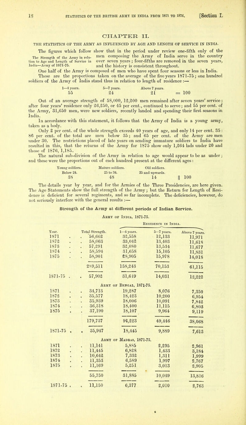 CHAPTER II. THE STATISTICS OP THE ARMY AS INPLtJENCED BY AGE AND LENGTH OF SEE VICE IN INDIA. The figui-es whicli follow show that in the period under review one-fifth only of the The Strength of the Army in rela- men Composing the Army of India serve in the country tiou to Age and Lentjth of Service in over seven years ; four-fifths are removed in the seven years, India—Army of 1871-75. and the history is consistent throughout. One half of the Army is composed of men who have spent four seasons or less in India. These are the proportions taken on the average of the five years 1871-75; one hundred soldiers of the Army of India stand thus in relation to length of residence :— 1—i years. 5—7 years. Above 7 years. 55 24 21 = 100 Out of an average strength of 58,000, 12,200 men remained after seven years' service; after four years' residence only 26,250, or 45 per cent., continued to serve; and 55 per cent, of the Army, 31,650 men, were new soldiers, recently landed and spending their first seasons in India, In accordance with this statement, it follows that the Army of India is a young army, taken as a body. Only 2 per cent, of the whole strength exceeds 40 j^ears of age, and only 14 per cent. 35 : 86 per cent, of the total are men below 35; and 65 per cent, of the Army are men under 30. The restrictions placed of late years on sending immature soldiers to India have resulted in this, that the returns of the Army for 1875 show only 1,264 lads under 20 and those of 1876, 1,185. The natural sub-division of the Army in relation to age would appear to be as under; and these were the proportions out of each hundred present at the different ages: Young soldiers. Mature soldiers. Old soldiers. Below 24. 25 to 34. 35 and upwards. 38 48 14 II 100 The details year by year, and for the Armies of the Three Presidencies, are here given. The Age Statements show the full strength of the Army; but the Return for Length of Hesi- dence is deficient for several regiments, and so far incomplete. The deficiencies, however, do not seriously interfere with the general results :— Strength of the Army at different periods of Indian Service. Aemt of India, 1871-75. Eesidence in India. Year. 1871 1872 1873 1874 1875 Total Strength. . 56,662 . 58,063 . 57,291 . 58,594 . 58,901 1—4 years. 32,558 33,042 32,080 31,658 68,905 5—7 years. 12,133 13,403 13,534 15,105 15,978 Above 7 years. 11,971 11,618 11,677 11,831 14,018 289,511 158,243 70,153 61,115 1871-75 . . 57,902 31,649 14,031 12,222 Aemy of Bengal, 1871-75. 1871 1872 1873 1874 1875 . 34,713 . 35,577 . 35,939 . 36,318 . 37,190 19,287 18,423 18,006 18,400 18,107 8,076 10,200 10,091 11,115 9,964 7,350 6,954 7,842 6,803 9,119 179,737 93,223 49,446 38,068 1871-75 . , 35,947 18,445 9,889 7,613 Aemt of Madras, 1871-75. 1871 1872 1873 1874 1875 . 11,141 . 11,445 . 10,642 . 11,353 . 11,169 5,885 6,828 7,332 6,589 5,251 2,295 1,433 1,311 1,997 3,013 2,961 3,184 1,999 2,767 2,905 55,750 31,885 10,049 13,816 1871-75 , , 11,150 6,377 2,010 2,763 *