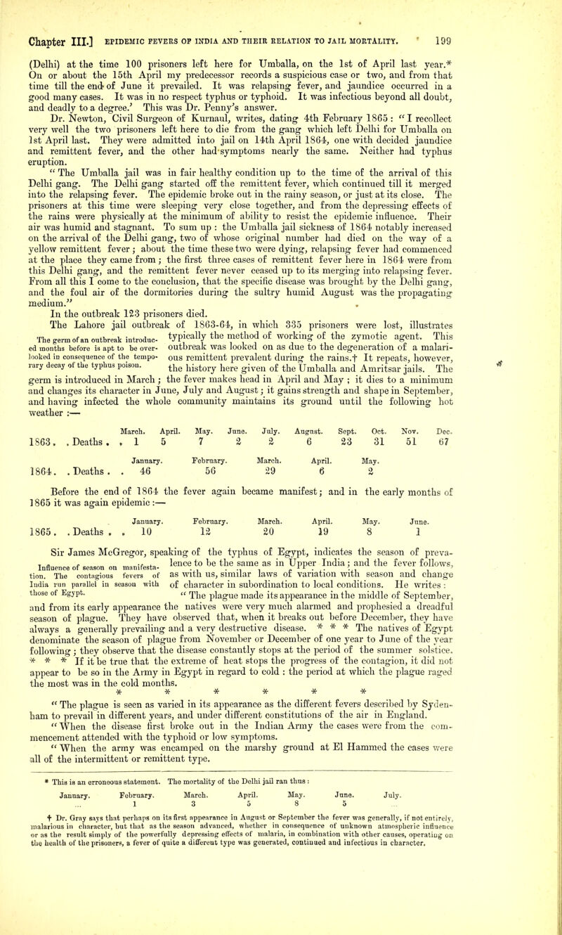 (Delhi) at the time 100 prisoners left here for Uraballa, on the 1st of April last year.* On or about the 15th April my predecessor records a suspicious case or two, and from that time till the end? of June it prevailed. It was relapsing fever, and jaundice occurred in a good many cases. It was in no respect typhus or typhoid. It was infectious beyond all doubt, and deadly to a degree.' This was Dr. Penny's answer. Dr. Newton, Civil Surgeon of Kurnaul, writes, dating 4th February 1865 : ''I recollect very well the two prisoners left here to die from the gang which left Delhi for Umballa ou 1st April last. They were admitted into jail on 14th April 1864, one with decided jaundice and remittent fever, and the other had-symptoms nearly the same. Neither had typhus eruption.  The Umballa jail was in fair healthy condition up to the time of the arrival of this Delhi gang. The Delhi gang started off the remittent fever, which continued till it merged into the relapsing fever. The ej^idemic broke out in the rainy season, or just at its close. The prisoners at this time were sleeping very close together, and from the depressing effects of the rains were physically at the minimum of ability to resist the epidemic influence. Their air was humid and stagnant. To sum up : the Umballa jail sickness of 1864 notably increased on the arrival of the Delhi gang, two of whose original number had died on the way of a yellow remittent fever; about the time these two were dying, relapsing fever had commenced at the place they came from ; the first three cases of remittent fever here in 1864 were from this Delhi gang, and the remittent fever never ceased up to its merging into relapsing fever. From all this I come to the conclusion, that the specific disease was brought by the Delhi gang, and the foul air of the dormitories during the sultry humid August was the propagating medium. In the outbreak 123 prisoners died. The Lahore jail outbreak of 1863-64, in which 335 prisoners were lost, illustrates The germ of an outbreak introduc- typically the method of Working of the zymotic agent. This ed months before is apt to be over- outbreak was looked on as due to the degeneration of a malari- looked in consequence of the tempo- ous remittent prevalent during the rains.t It repeats, however, rary decay of the typhus poison. ^j^^ j^-g^^^.y j^^j.^ ^j^gj^ ^£ ^j^^ Umballa and Amritsar jails. The germ is introduced in March ; the fever makes head in April and May ; it dies to a minimum and changes its character in June, July and August; it gains strength and shape in September, and having infected the whole community maintains its ground until the following hot weather :— March. April. May. June. July. Augaat. Sept. Oct. Nov. Dec. 1863. .Deaths. .15 7 2 2 6 23 31 51 67 January. February. March. April. May. 1864. .Deaths. .46 56 29 6 2 Before the end of 1864 the fever again became manifest; and in the early months of 1865 it was again epidemic :— January. February. March. April. May. June. 1865 . .Deaths, . 10 12 20 19 8 1 Sir James McGregor, speaking of the typhus of Egypt, indicates the season of preva- , a e ^ „ ^ „-f„„f„ lence to be the same as in Upper India; and the fever follows. Influence of season on manitesta- . . , „ . . . , . ' tion. The contiigious fevers of as With US, Similar laws 01 Variation with season and change ludia run parallel in season with of character in subordination to local conditions. He writes : those of Egypt. a rj^-^^Q plague made its appearance in the middle of September, and from its early appearance the natives were very much alarmed and prophesied a dreadful season of plague. They have observed that, when it breaks out before Decemljer, they have always a generally prevailing and a very destructive disease. * * * The natives of Egypt denominate the season of plague from November or December of one year to J une of the year following; they observe that the disease constantly stops at the period of the summer solstice. * * j£ \)Q true that the extreme of heat stops the progress of the contagion, it did not appear to be so in the Army in Egypt in regard to cold : the period at which the plague raged the most was in the cold months, ■X- -X- -x- *  The plague is seen as varied in its appearance as the different fevers described by Syden- ham to prevail in different years, and under different constitutions of the air in England.  When the disease first broke out in the Indian Army the cases were from the com- mencement attended with the typhoid or low symptoms.  When the army was encamped on the marshy ground at El Hammed the cases were all of the intermittent or remittent type. * This is an erroneous statement. The mortality of the Delhi jail ran thus : January. February. March. AprU. May. June. July. ... 1 3 5 8 5 + Dr. Gray says that perhaps on its first appearance in August or September the fever vpas generally, if not entirely, malarious in character, but that as the season advanced, whether in consequence nf unknown atmospheric influence or as the result simply of the powerfully depressing effects of malaria, in combination with other causes, operating on tlie health of the prisoners, a fever of quite a dififereut type was generated, continued and infectious in character.